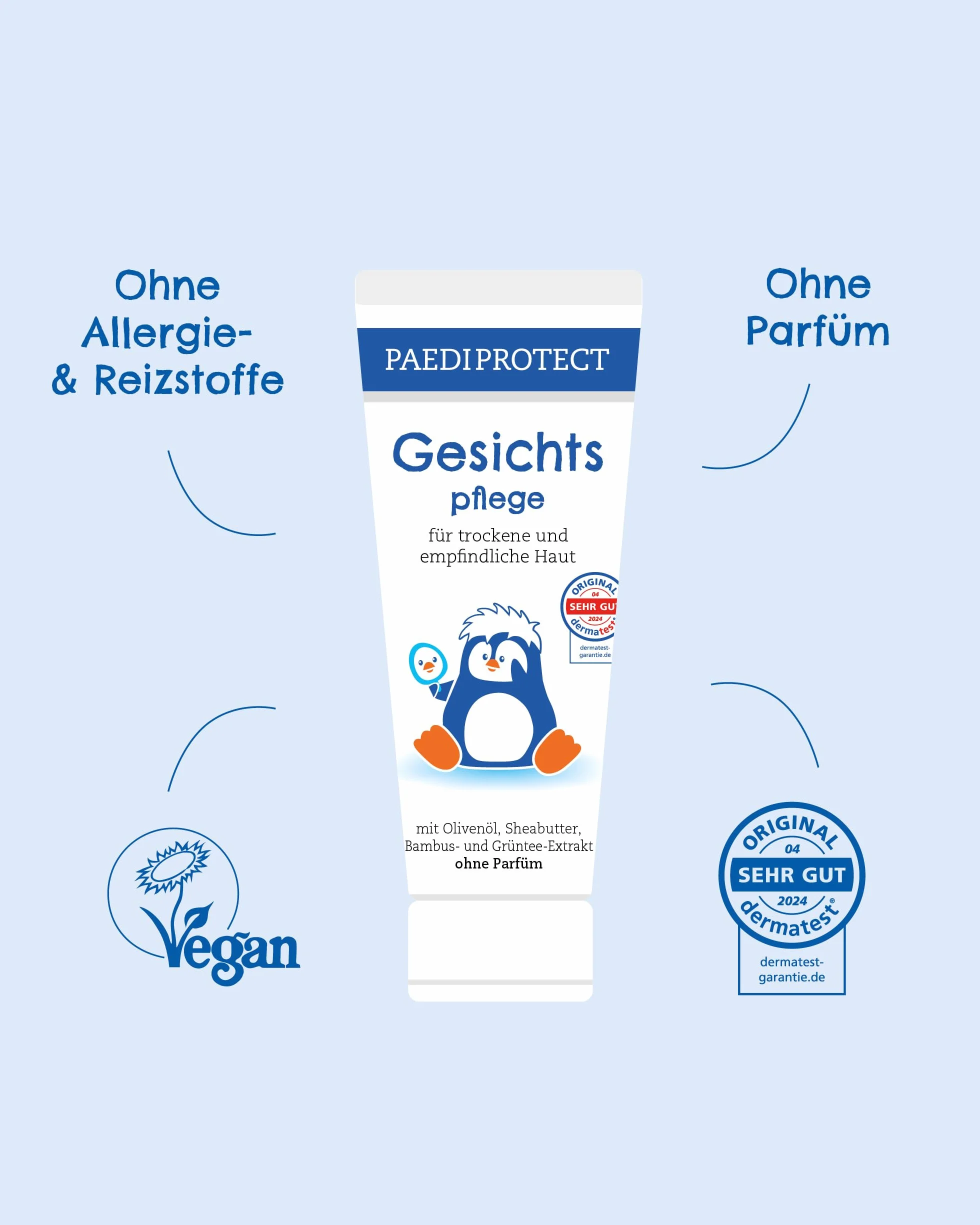 PAEDIPROTECT Krem do pielęgnacji twarzy dla niemowląt i dzieci, 75 ml, bez perfum i bez mikroplastiku, krem do twarzy sucha, wrażliwa skóra, wegańskie substancje pielęgnacyjne, kojący i pielęgnujący