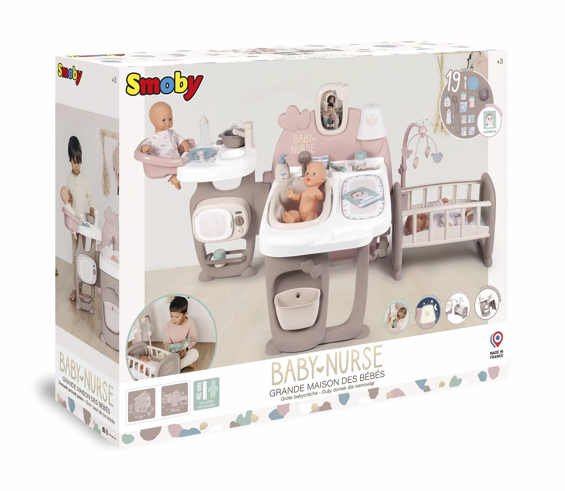 Smoby 7600220376 Baby Nurse Kącik opiekunki 3w1, wielofunkcyjny domek dla lalek, kuchnia, łazienka, sypialnia, 149,1x71x71 cm
