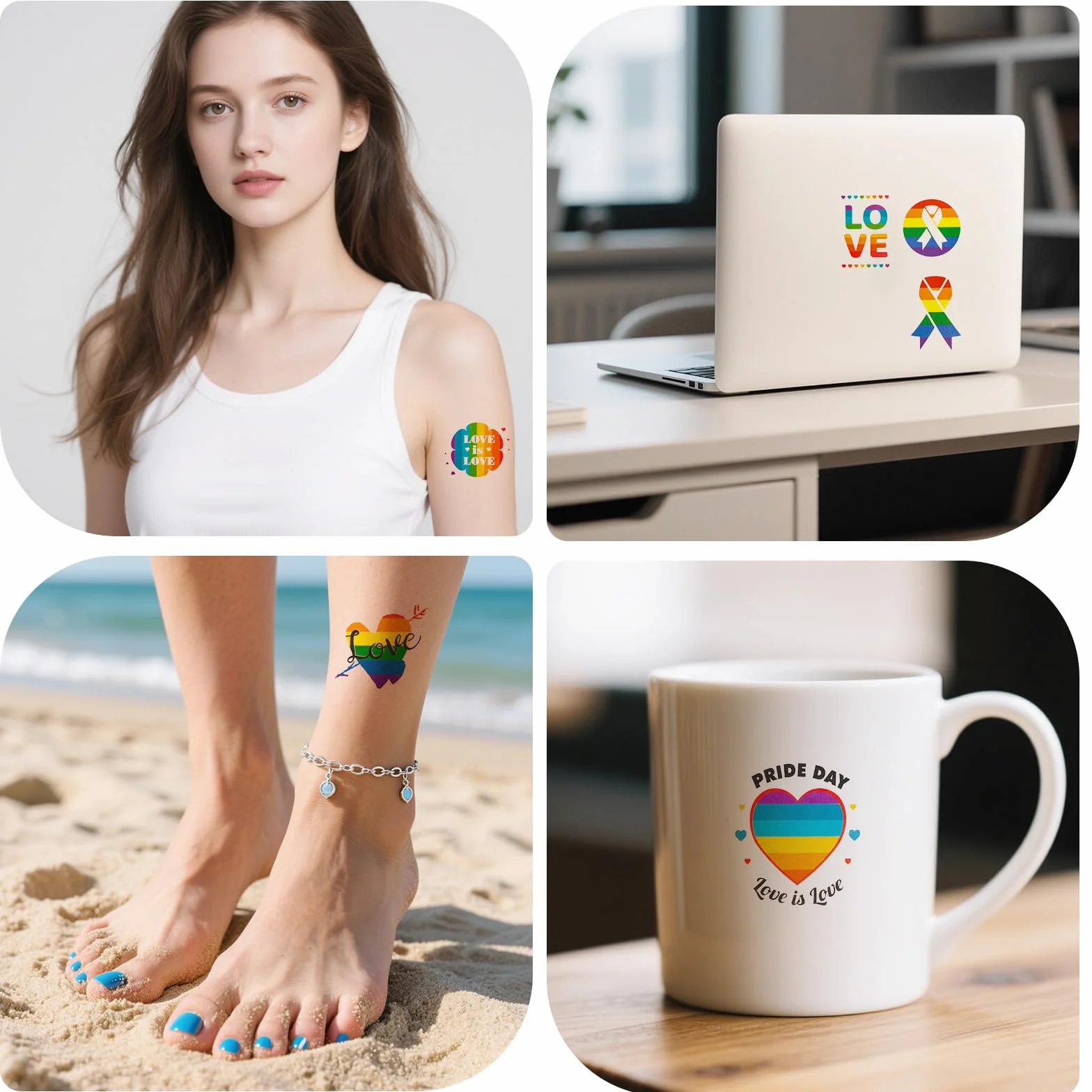 BOXOB 7 Arkuszy Pride Rainbow Temporary Tattoos, Naklejki LGBTQ Tattoos z Tęczową Flagą Love Heart Patterns na Parady Gay Pride Month Festiwale Upominki na Przyjęcia