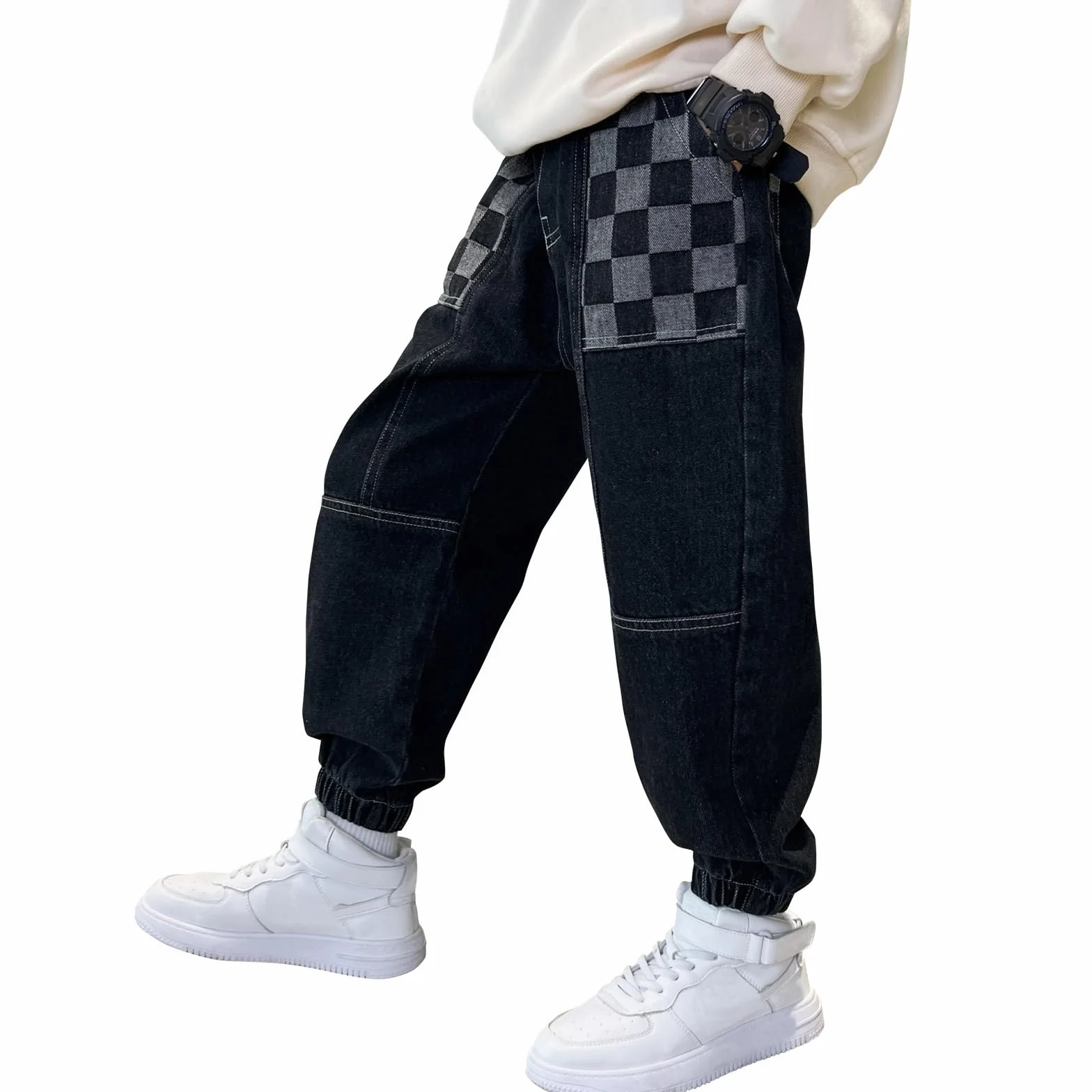 MEILONGER Baggy Jeans chłopięce dziecięce elastyczne spodnie ze stretchem w talii, modne spodnie jeansowe