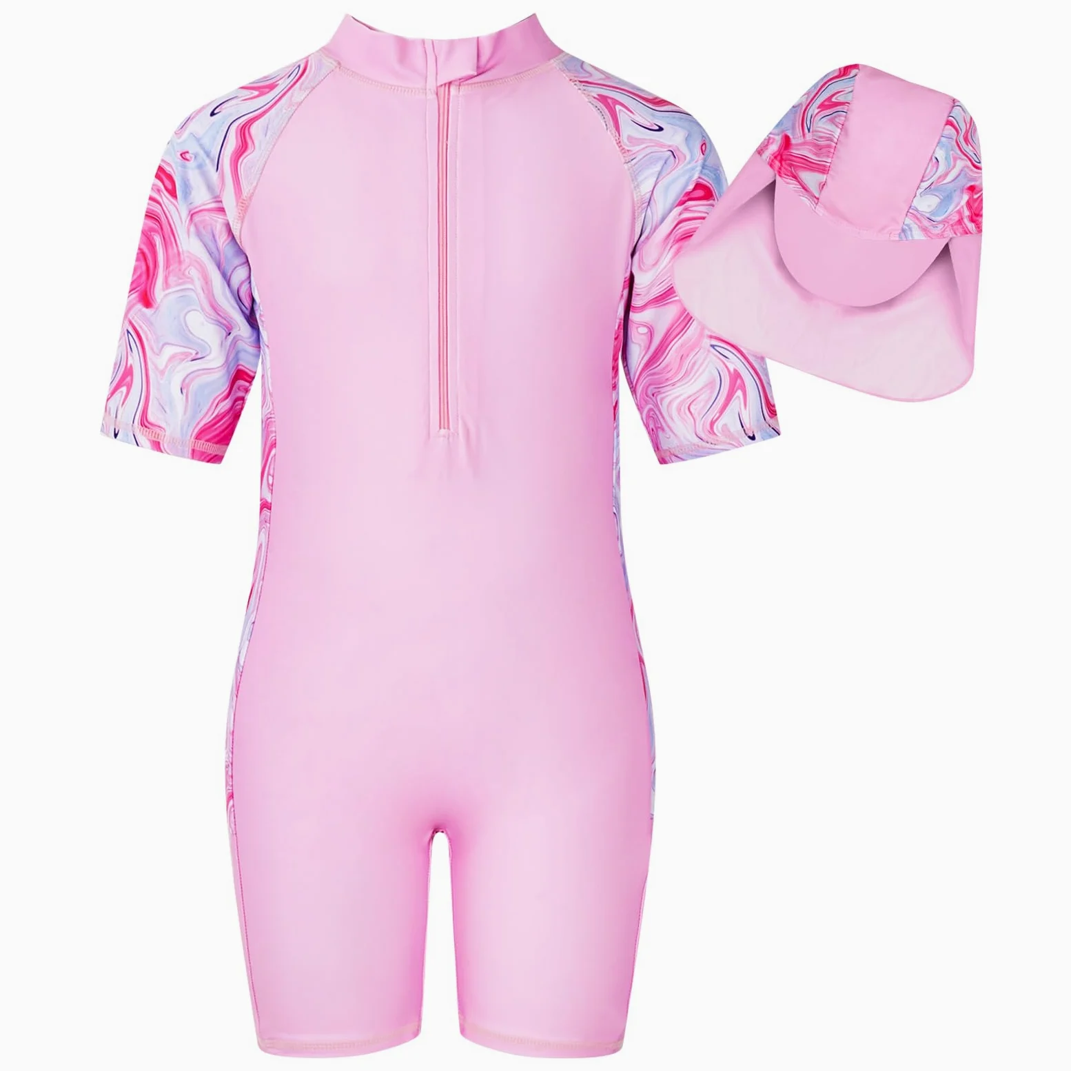 WYTbaby Dziewczęca moda kąpielowa, jednoczęściowa, z długim rękawem, ochrona przed promieniowaniem UV, syrenka, nadruk z materiału, bokserki dla dziewczynek w wieku 4-9 lat, Różowy krótki rękaw, 8-9