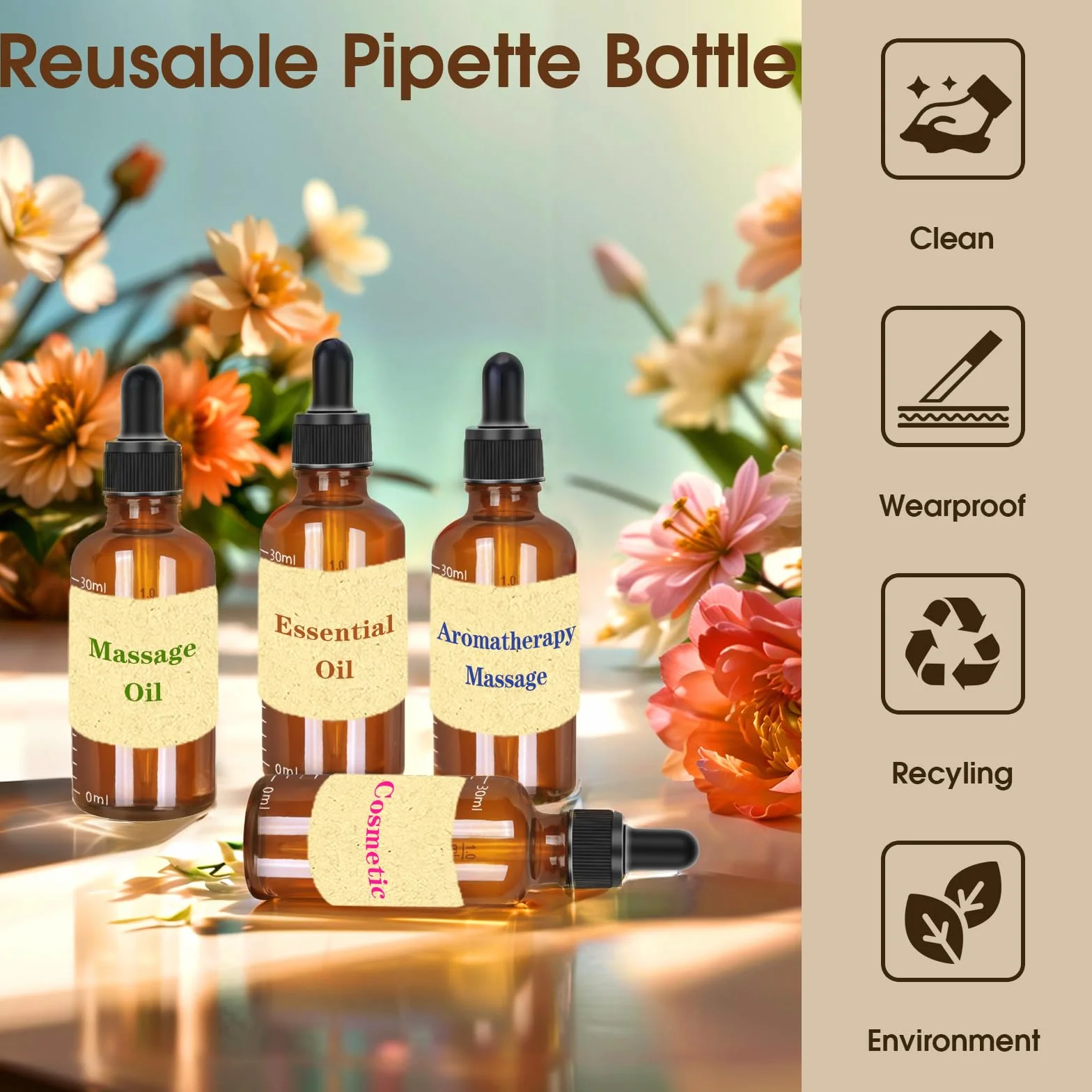 Zestaw szklanych butelek i pipet 30 ml, brązowe butelki z pipetami, butelka do napełniania z lejką, etykiety na strzykawki, butelka apteczna