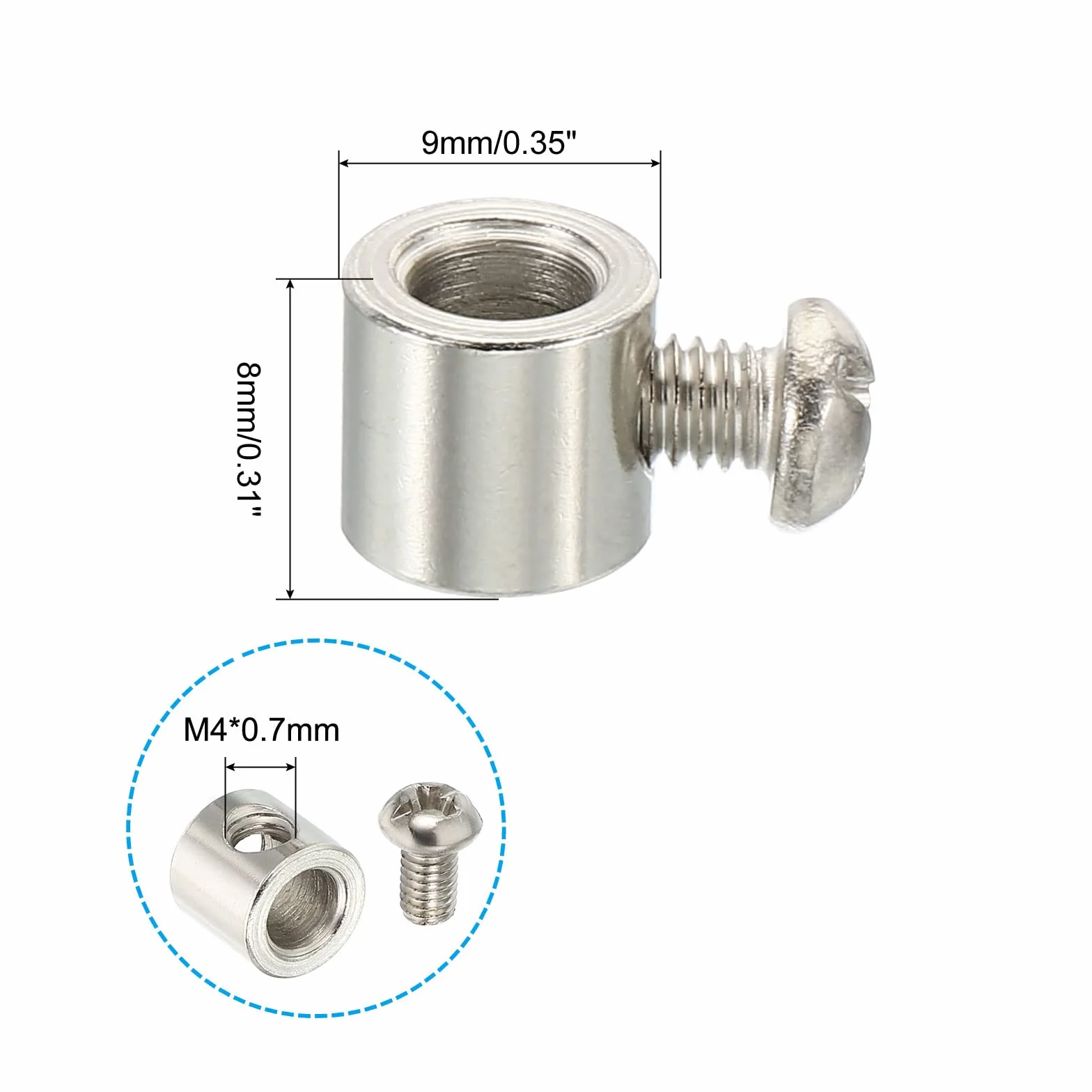 PATIKIL Klipsy do liny drucianej, 9 x 8 mm, 10 szt. stalowych zacisków kablowych 5 mm, pojedynczy otwór, zacisk do liny, ze śrubami M4 x 0,7 do kabla