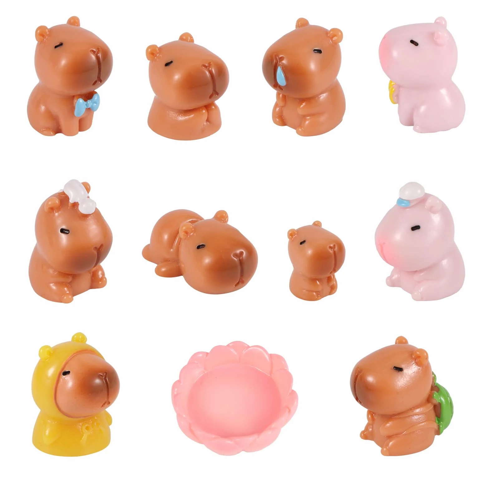 lasuroa 11szt Mini Figurki Kapibary, Super Urocze Miniaturowe Żywiczne Kapibary Małe Małe Zwierzęta Ozdoby na Torty Dekoracje Pulpitu Samochodu Deski Rozdzielczej Domku dla Lalek i Ogrodu Wróżek