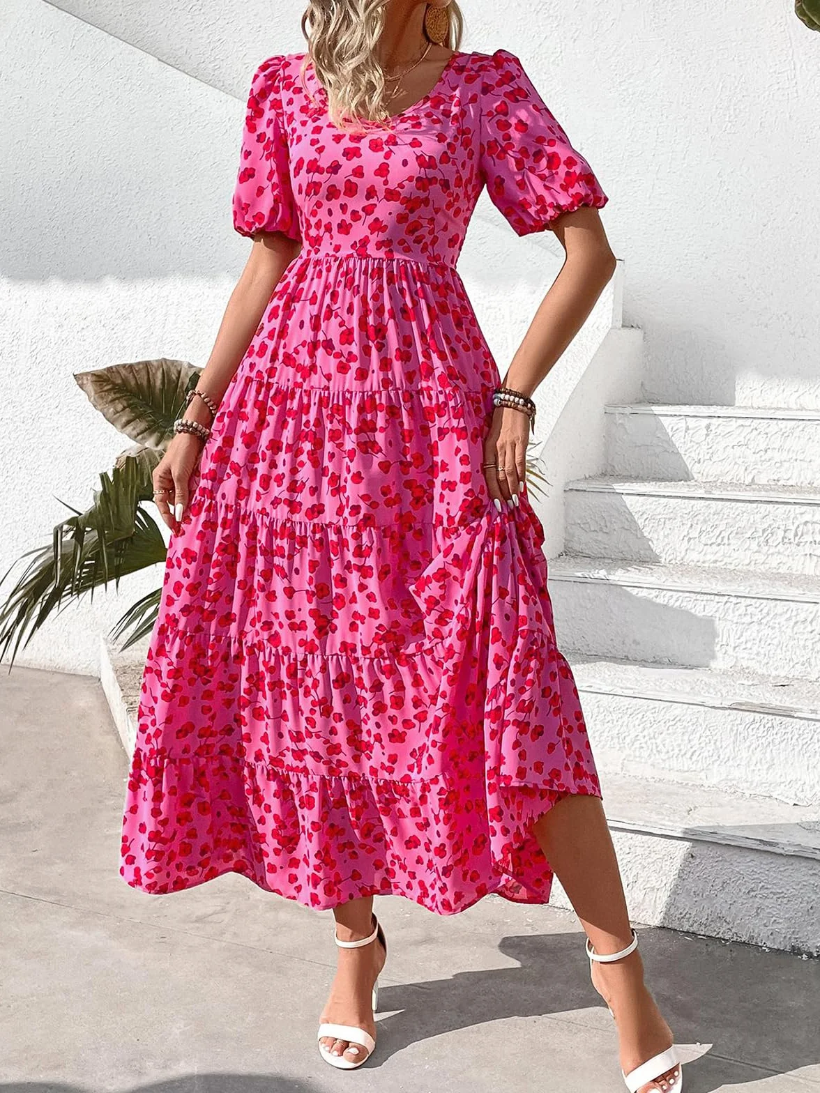 PRETTYGARDEN Womens Dresses Summer 2025 Puff Sleeve Plus Size Maxi Dress for Women Beach Vacation Flowy Long Sun Dress (Floral Rose Red,X-Large)