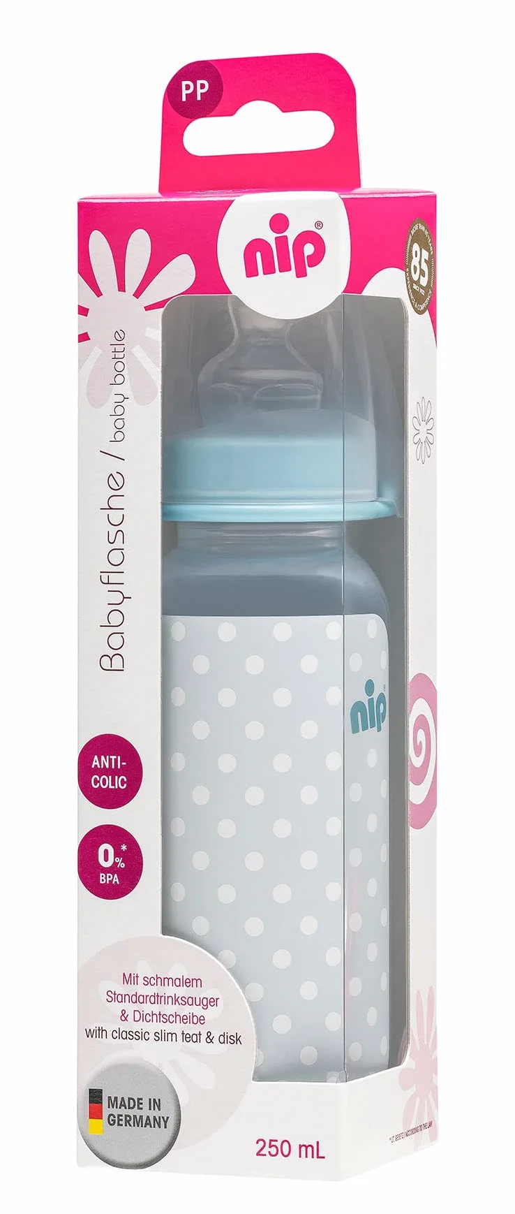 nip Standardowa butelka PP z przyssawką do picia, anatomiczny silikon, 0-6 miesięcy, rozmiar M, 250 ml, Boy