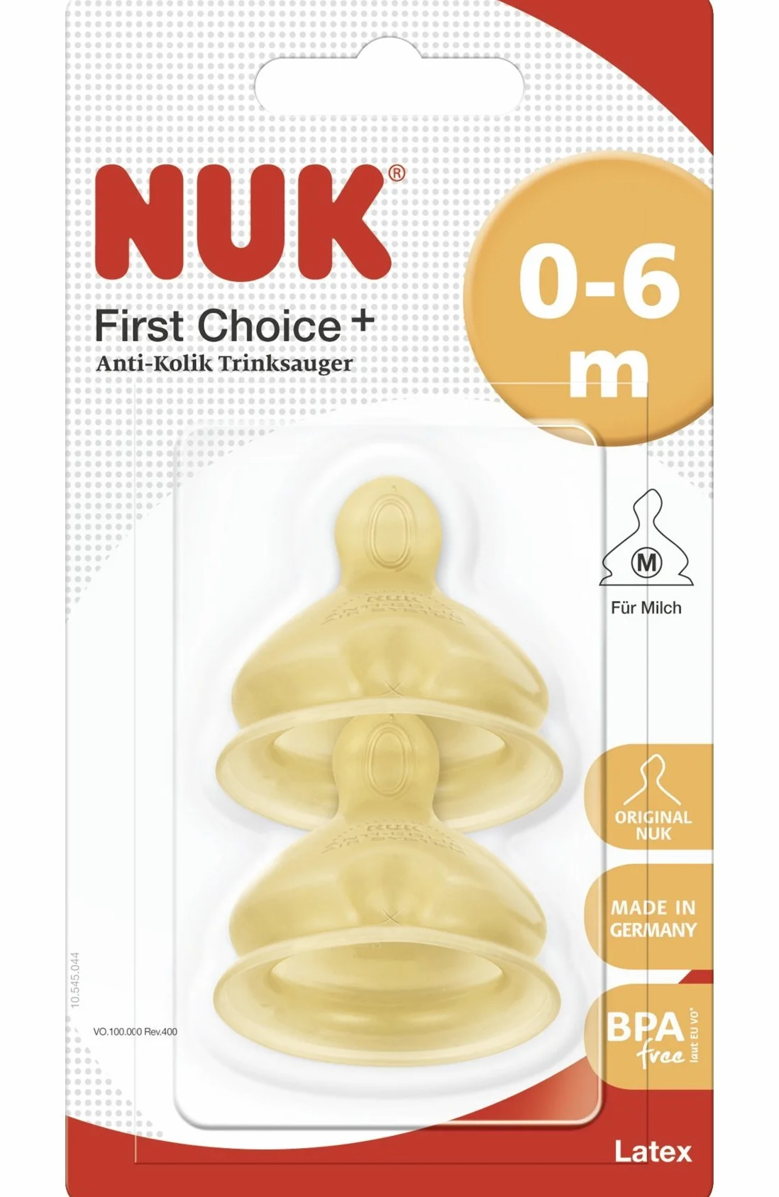 NUK First Choice+ lateksowy odkurzacz do picia, zapewniający naturalne uczucie picia, kształt dopasowany do szczęki, rozmiar 1, 0-6 miesięcy, M do mleka, 2 sztuki (1 opakowanie)