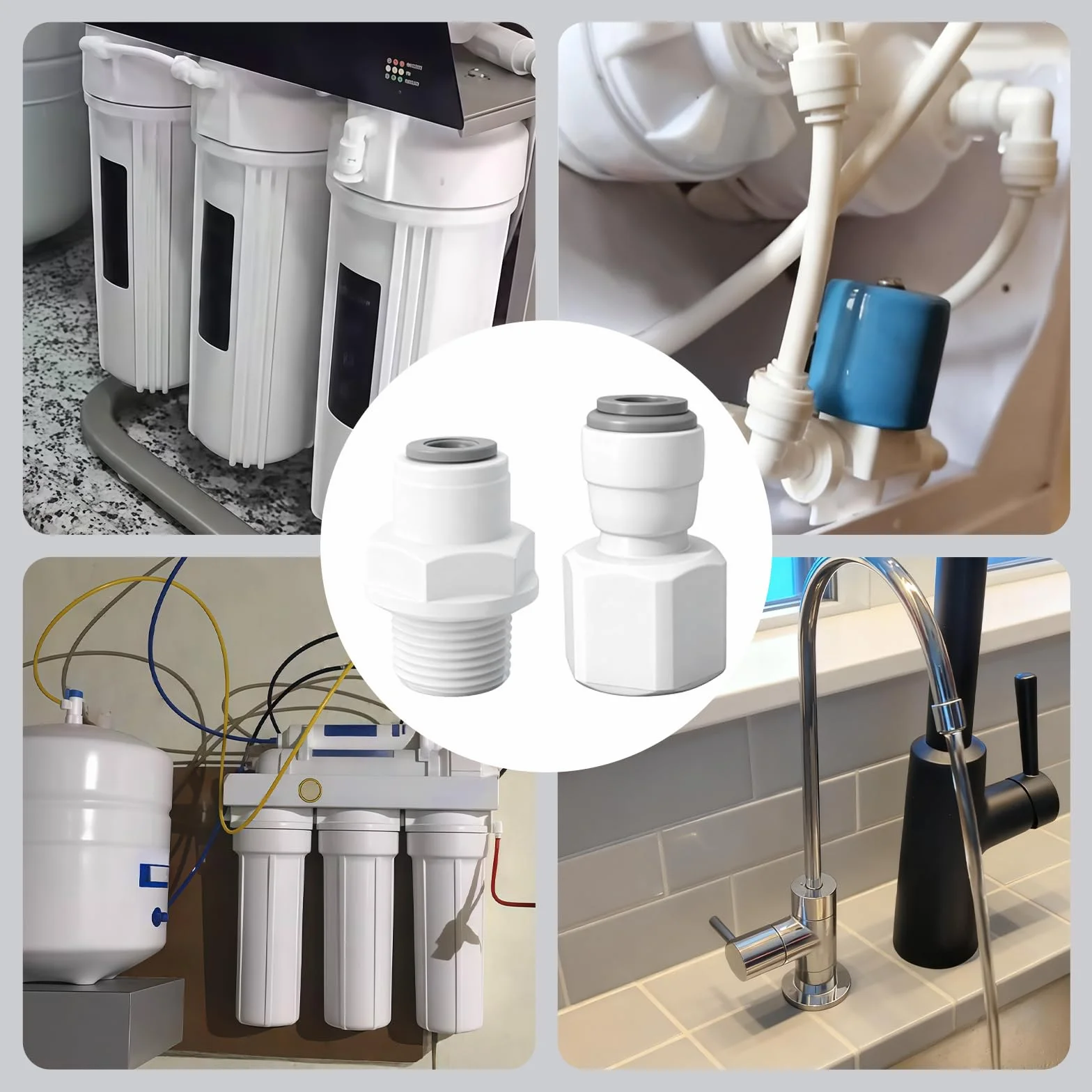 Szybkozłączka do filtra wody, adapter szybkiego łączenia wody - 2 adaptery do przyłącza wody, gwint wewnętrzny/zewnętrzny 3/8" na 1/4", RO woda, prosta złączka rurowa do oczyszczaczy wody, systemów