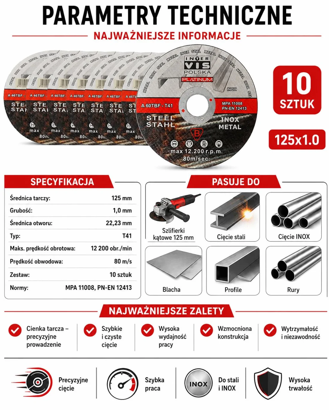 Tarcze Do Cięcia Metalu 125 x 1,0 mm Inter VIS Platinum, Zestaw 10 Szt., Tarcze Tnące Do Stali, INOX, Blach, Profili I Rur, Otwór 22,23 mm, Do Szlifierki Kątowej