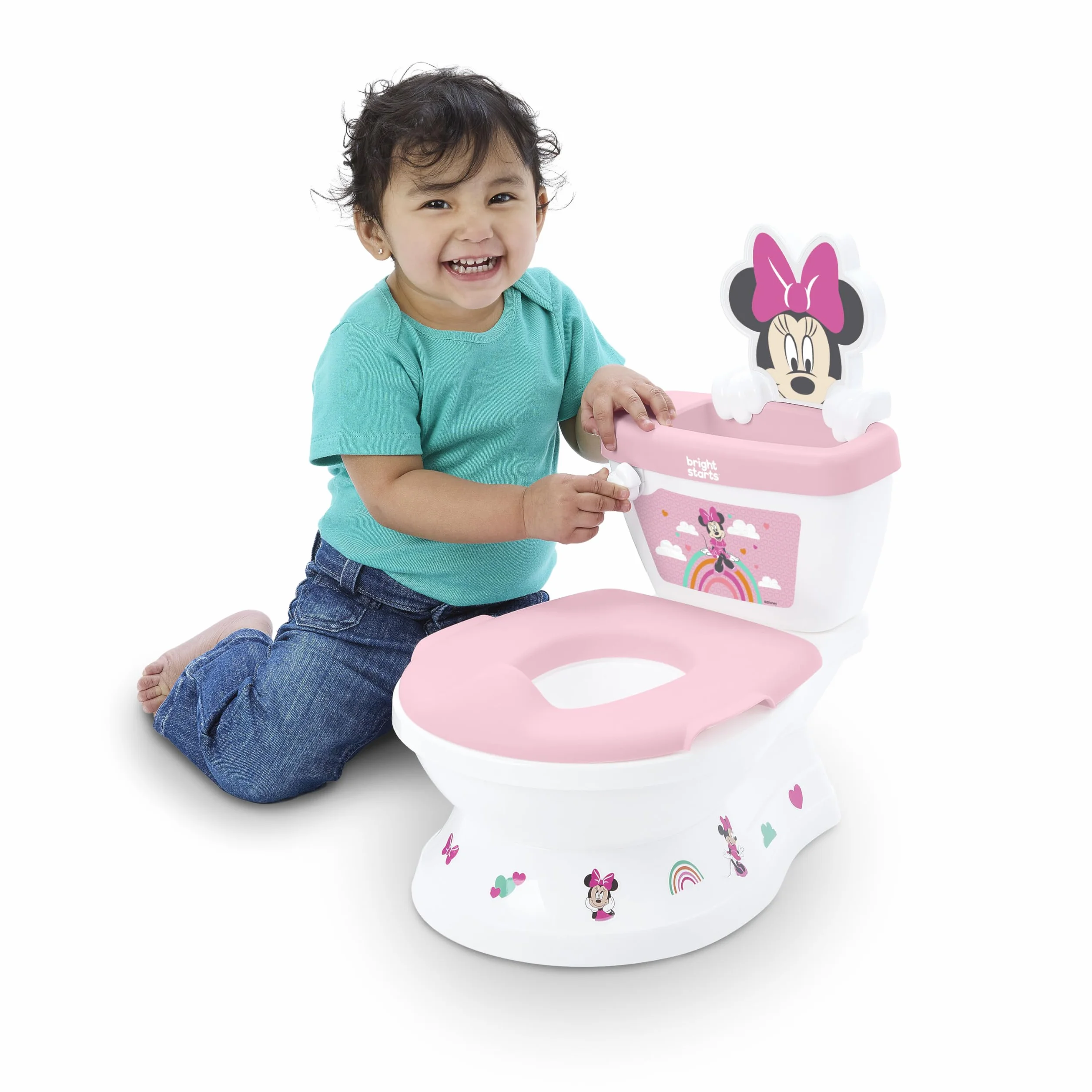 Disney Baby Minnie Mouse My Size toaleta do nauki korzystania z nocnika od Bright Starts, krzesło nocnika z dźwiękami spłukiwania i wiwatowania, zdejmowane siedzisko z ochroną przed zachlapaniem i