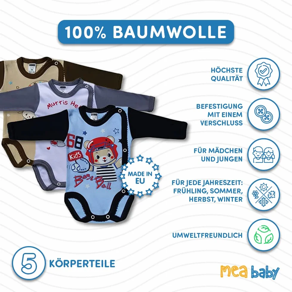 MEA BABY niemowlęce body z długimi rękawami unisex z nadrukiem, opak. 5 szt. Body dla niemowląt dla chłopców Body dla niemowląt dla dziewczynek (62)