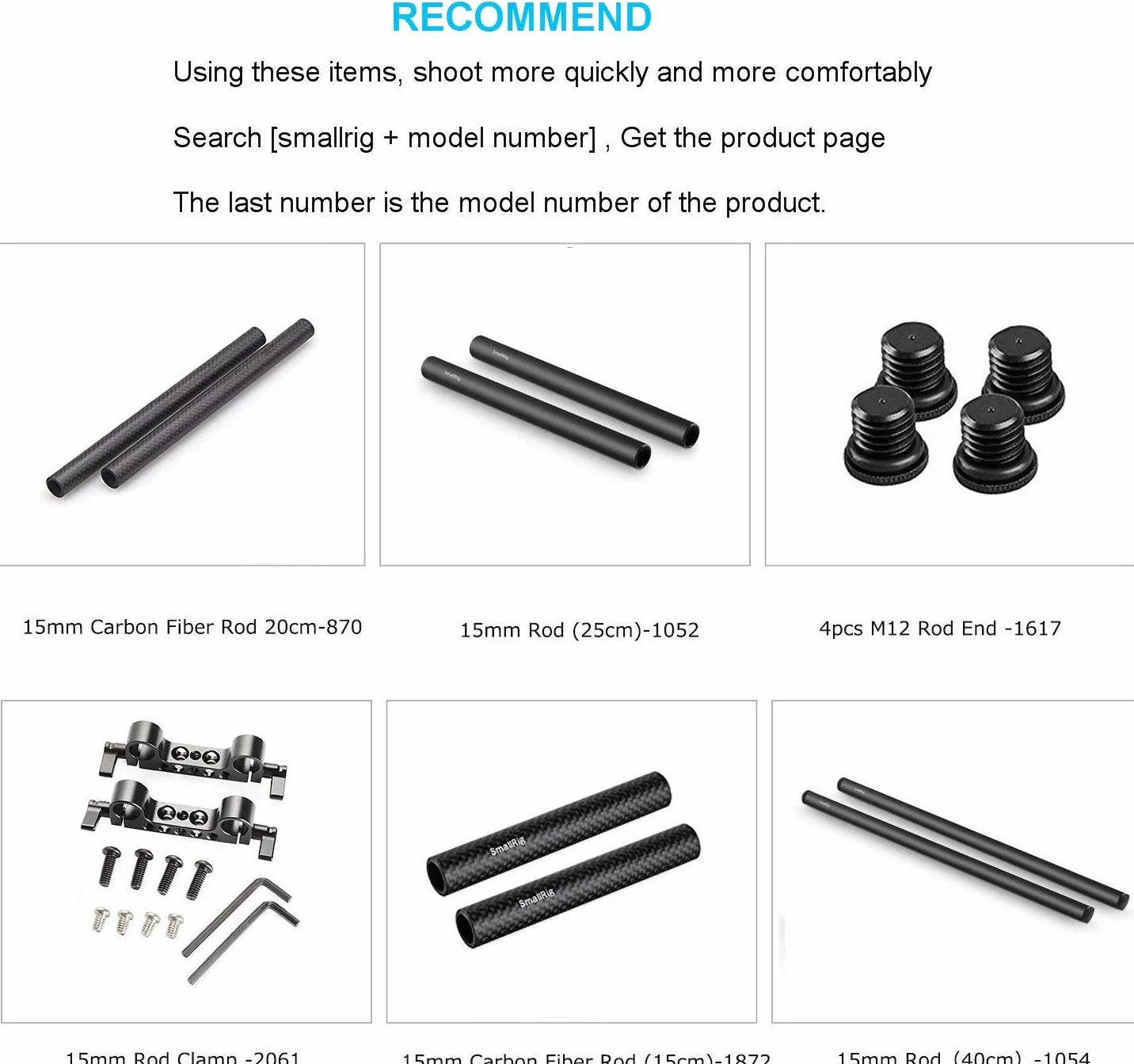 SMALLRIG 2 szt.Czarny pręt ze stopu aluminium 15mm - 15cm 6 cali - 1050