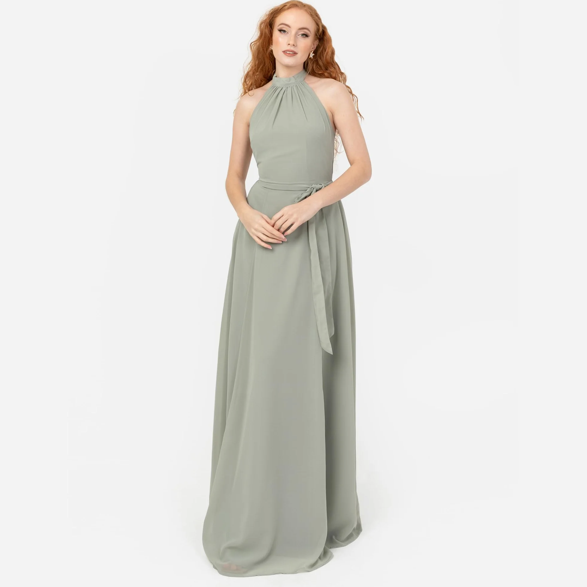 Anaya with Love Women's Maxi Dress Halter Neck A-line Sash Bow Belt Shirred Bridesmaid Wedding Guest Prom Ball Gown Frosty Green 44
