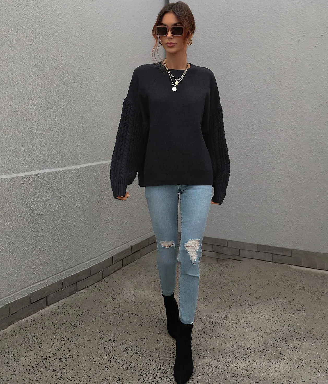 JFAN Damski zimowy sweter z okrągłym dekoltem luźny luźny sweter damski elegancki sweter