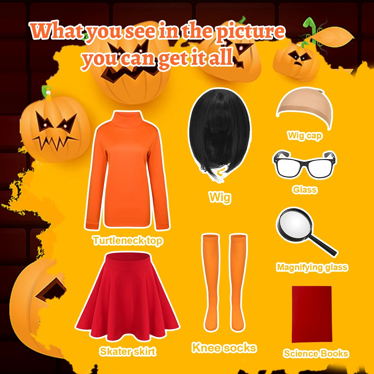 Velma kostium dla kobiet, pomarańczowy golf, spódnica skaterowa, skarpety, kostium Cosplay dla dorosłych, na imprezy, karnawał i Halloween