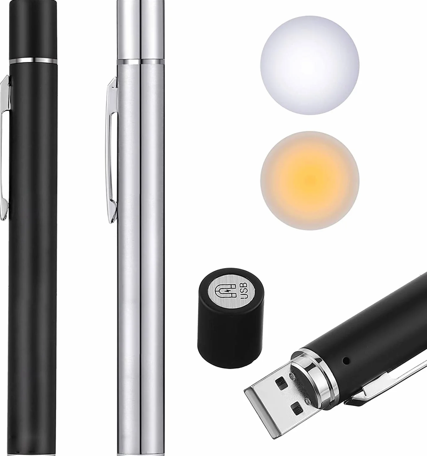 LEKIA 2 x medyczna latarka na długopisy USB do ładowania, dla pielęgniarek, studentów, lekarzy, mini latarka z 2 źródłami LED, magnetyczna nasadka, klips kieszonkowy