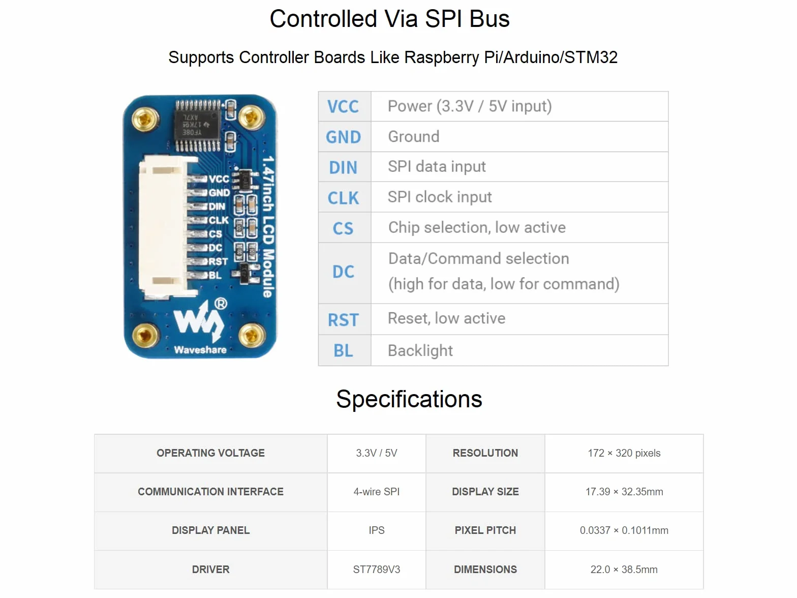 Waveshare 1.47inch LCD Display Module Compatible with Raspberry Pi Rounded Corners 172×320 Resolution with SPI Interface