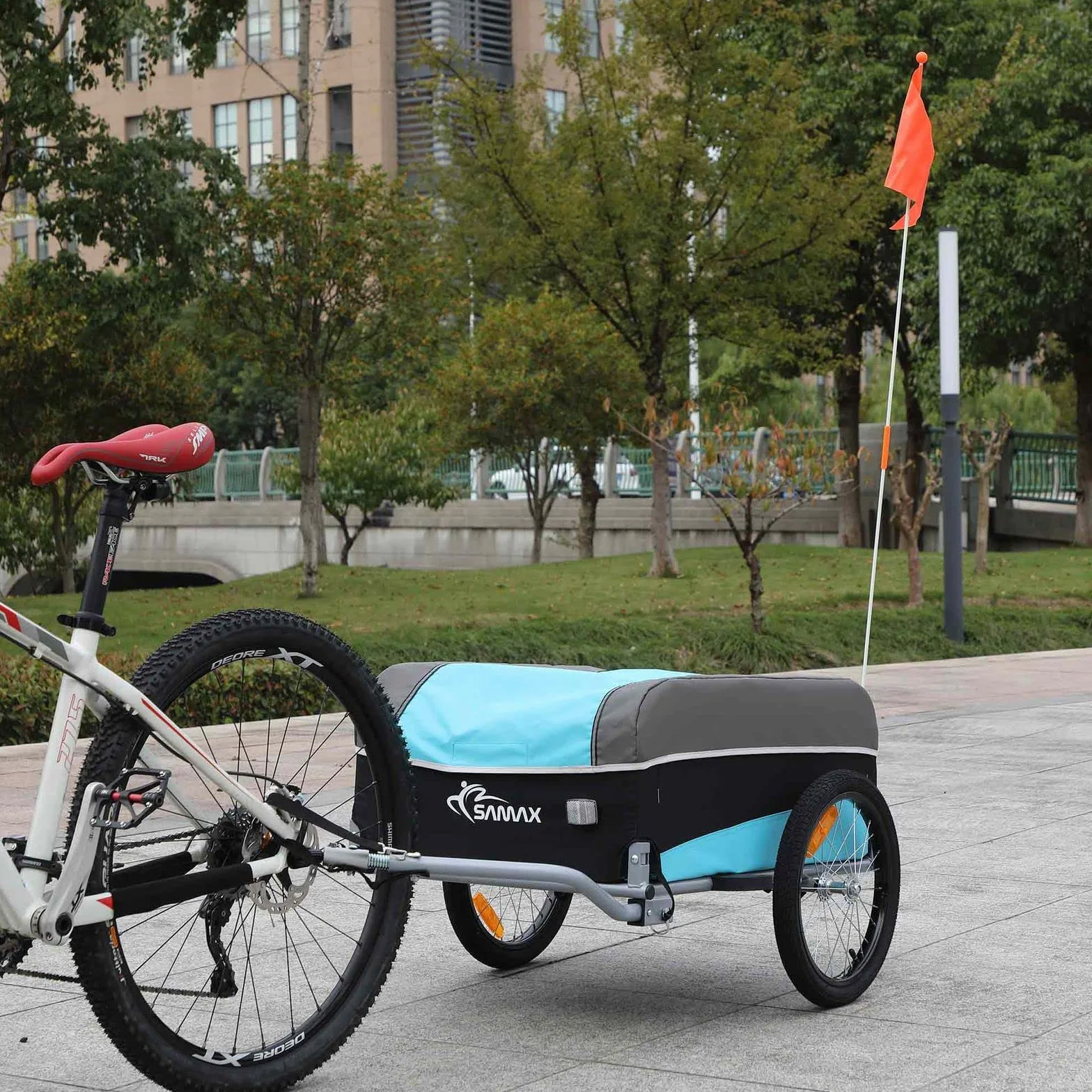 SAMAX Transport przyczep rowerowych z pokrowcem i sprzęganie, bagaż podręczny 40 kg / 120 litrów w kolorze niebieskim/szarym - edycja sportowa