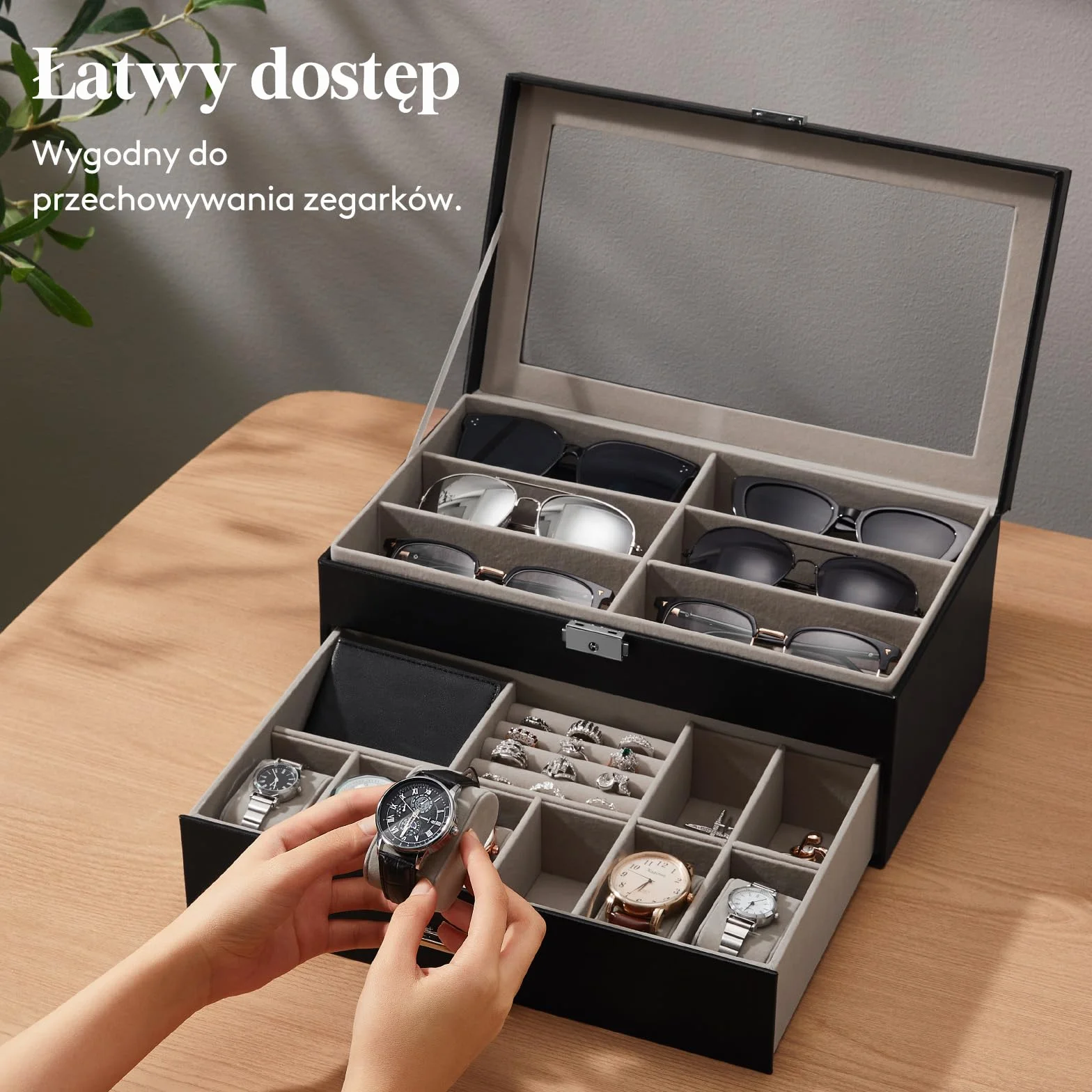 Lifewit 2-Warstwowy Organizer na Okulary Przeciwsłoneczne ze Szklaną Pokrywką, 6 Miejsc na Okulary i Zegarki, Czarny