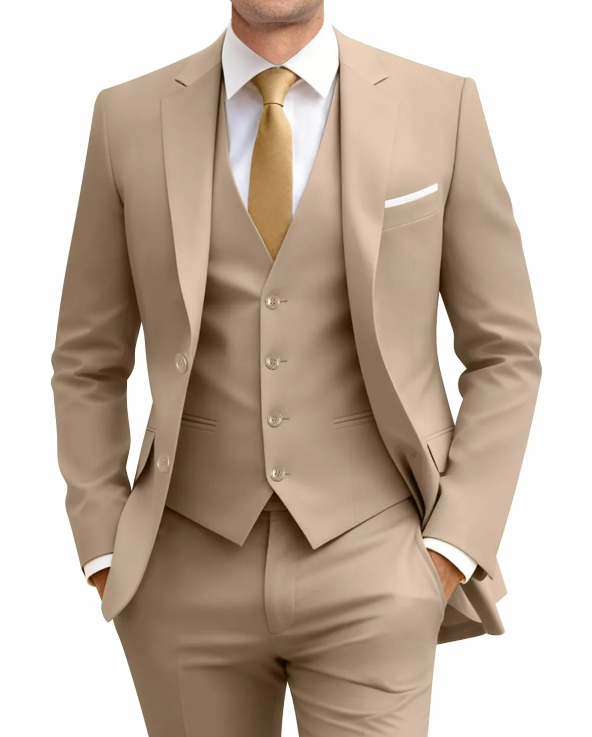 Men's Suit Slim Fit, 3 Piece Champagne Suits for Men, Solid Jacket Vest Pants with Tie, Prom Homecoming Wedding Tuxedo Set M