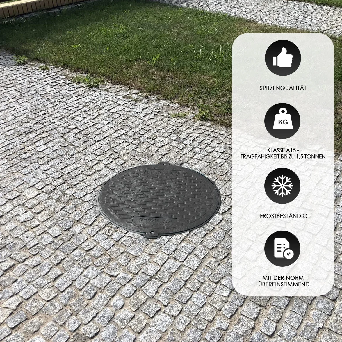 Pokrywa szamba 80 cm – okrągła pokrywa szybu – osłona studni ściekowej – okrągła pokrywa kanału – pokrywa kanalizacyjna (kolor czarny, bez klucza)