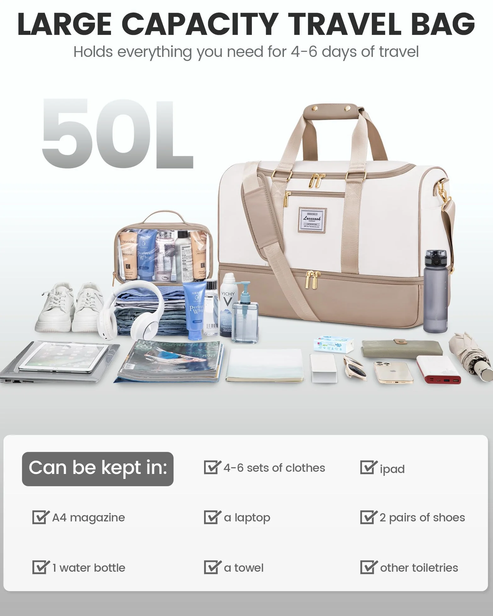 LOVEVOOK torba podróżna damska, torba weekendowa Travel Duffle Carry On Bag z kosmetyczką, kieszenią na buty i przegródką na mokre rzeczy, wodoszczelna torba sportowa Gym Yoga Bag, torba podręczna na
