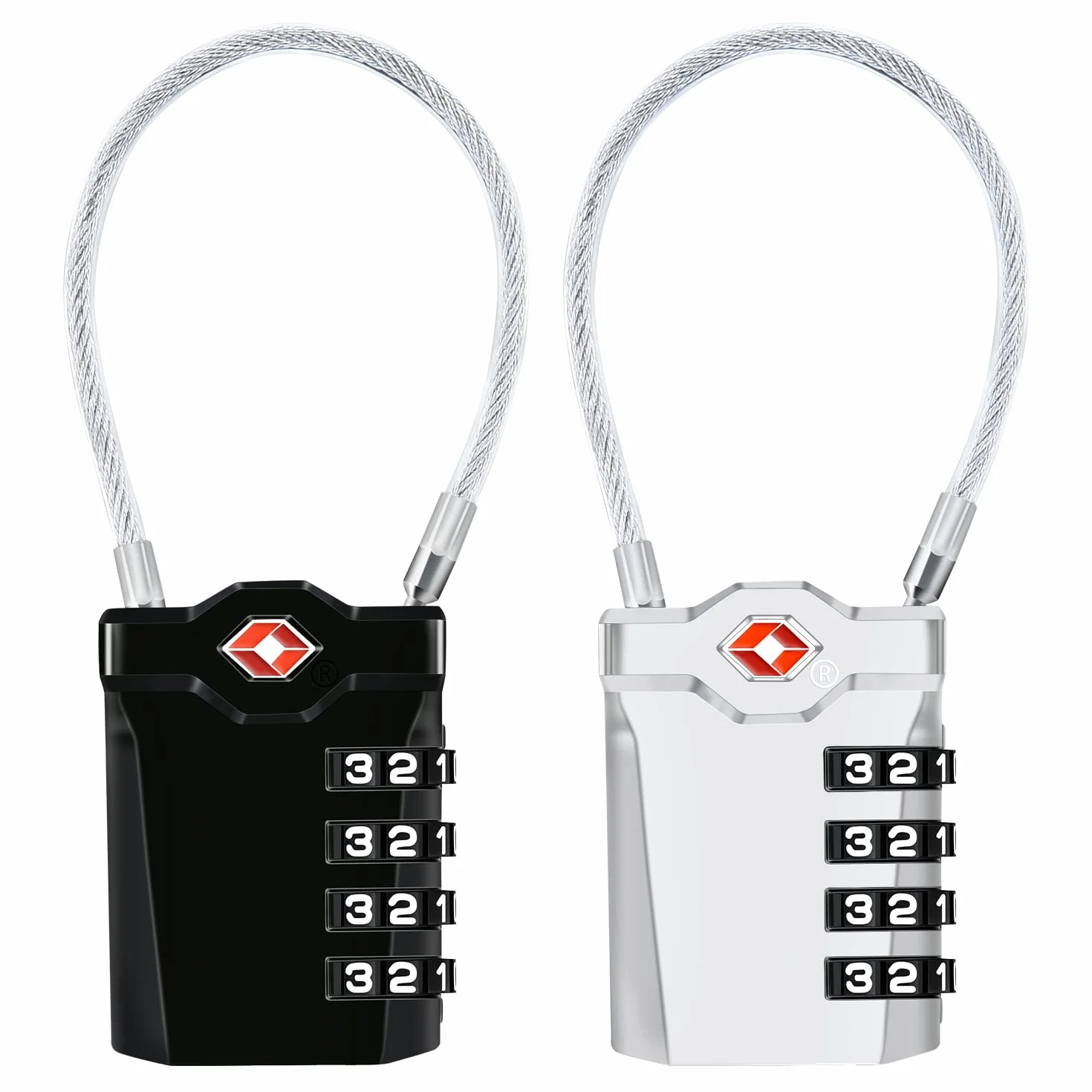 TSA Zamki do Bagażu 4 Cyfrowy Zamek Bezpieczeństwa Elastyczny Kabel 14cm Czarny Srebrny
