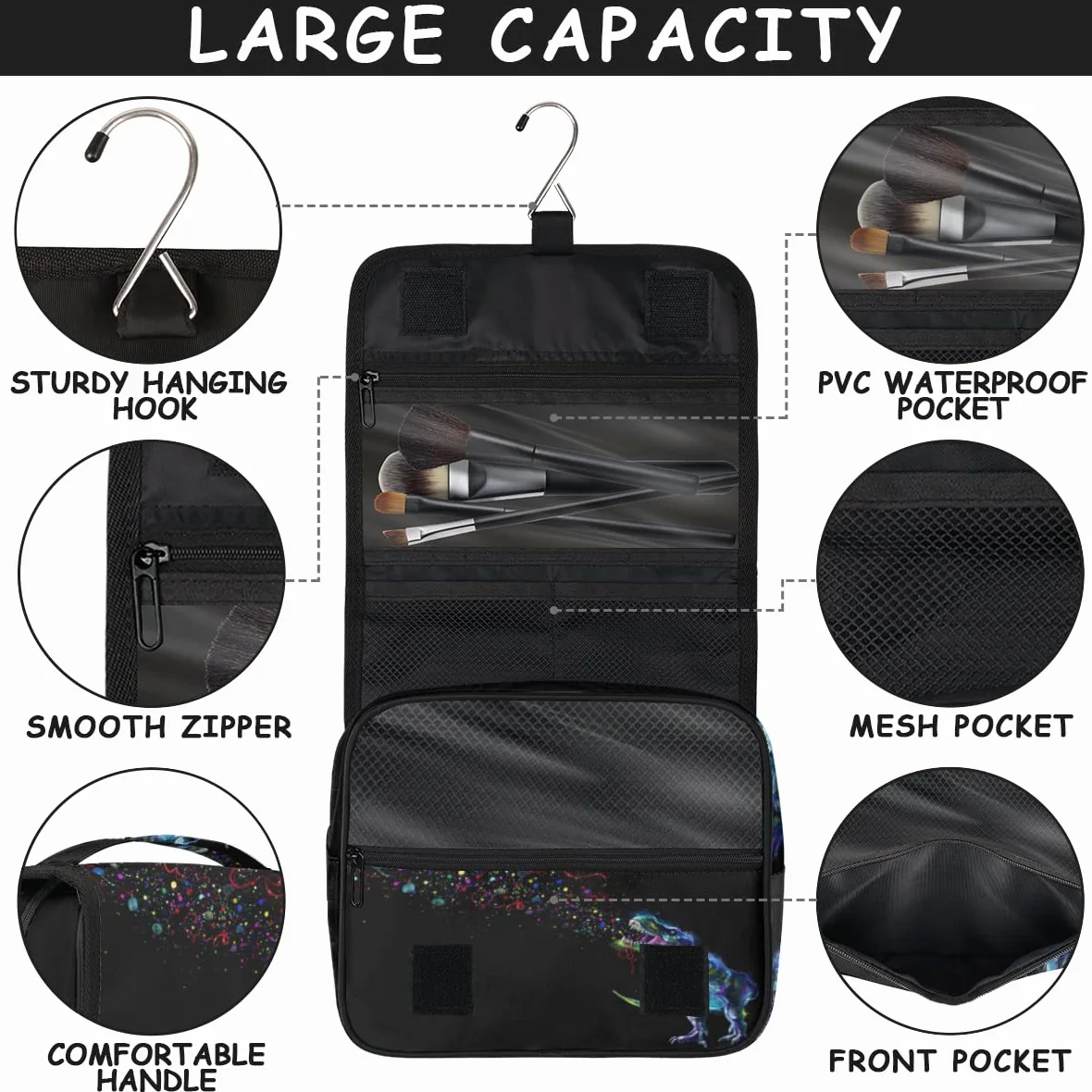 Podróżna kosmetyczka z dinozaurem zwierzę przestrzeń myj torba unisex wiszące przybory toaletowe kosmetyczne organizer do makijażu, wielobarwny, Jeden rozmiar