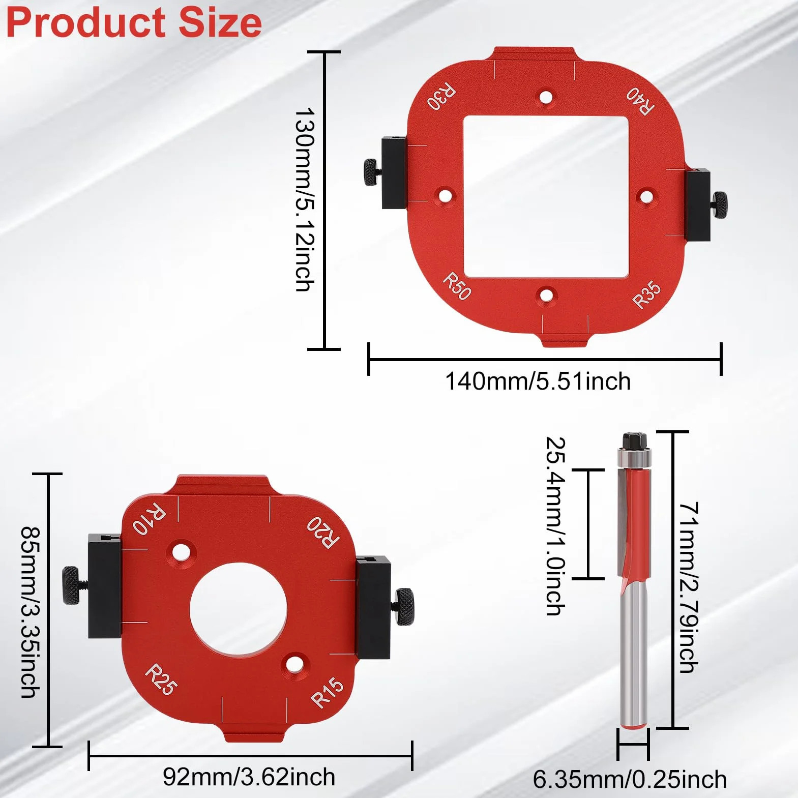 Szablon Promienia Promienia Okrągłego Aluminium R10 DO R50 RADIUS RADIUS Z BIT ROUTER DO PROBRYKI