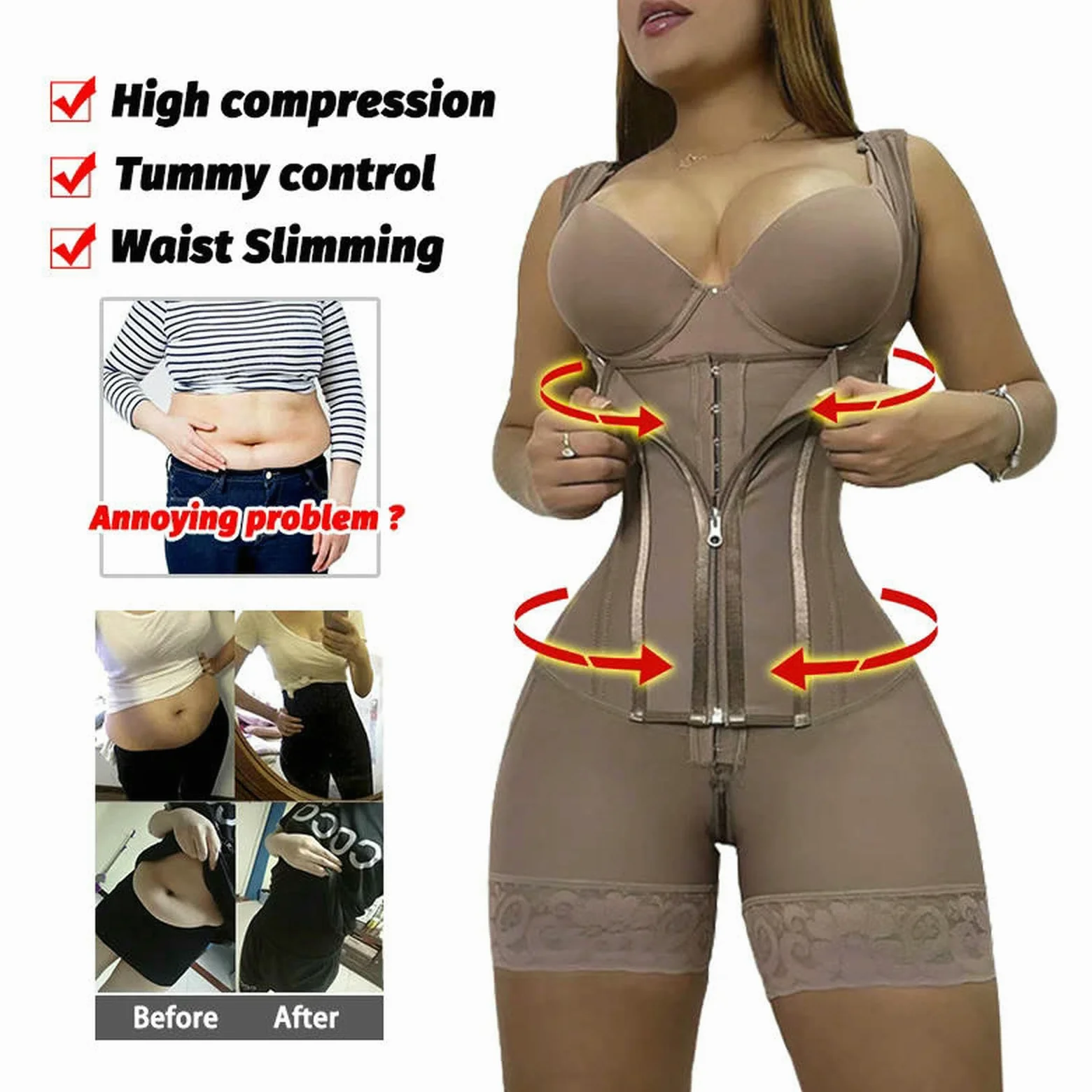 Gorset bielizna modelująca o wysokiej kompresji dla kobiet kontrola brzucha body podnoszące pośladki body modelujące sylwetkę zamek błyskawiczny w kroku-czarny-XS