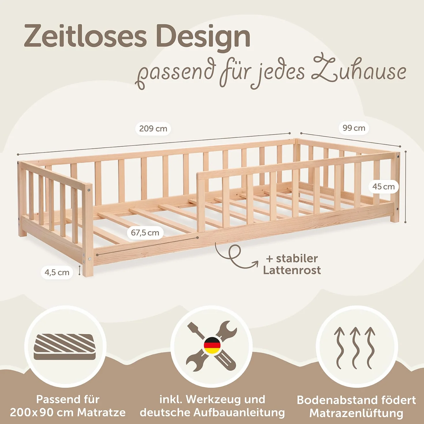 Famifidus Montessori łóżko podłogowe 90 x 200 cm, w zestawie zabezpieczenie przed wypadnięciem i stelażem | łóżko dziecięce dla chłopców i dziewczynek (naturalne, 90 x 200 cm)