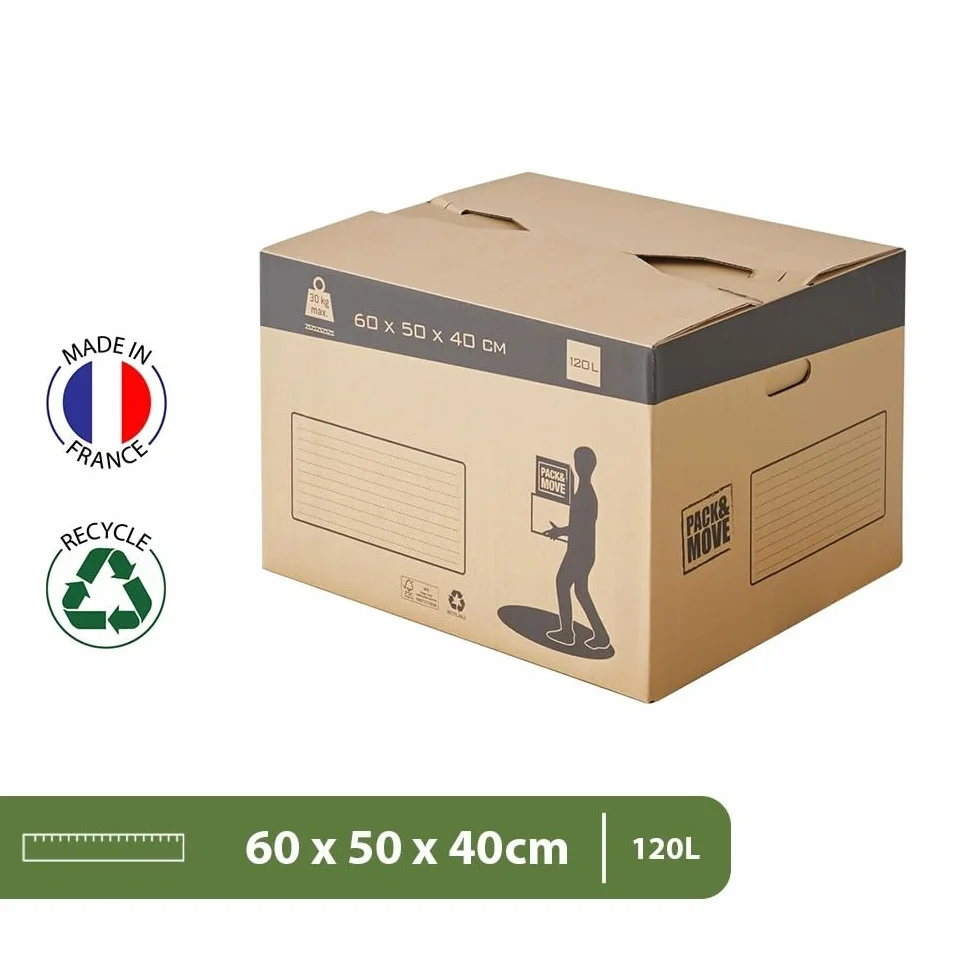 Zestaw 10 kartonów do przeprowadzki z automatycznym dnem - 60x50x40cm - Wyprodukowano we Francji - maksymalne obciążenie 30KG / 120L - certyfikat FSC 70%