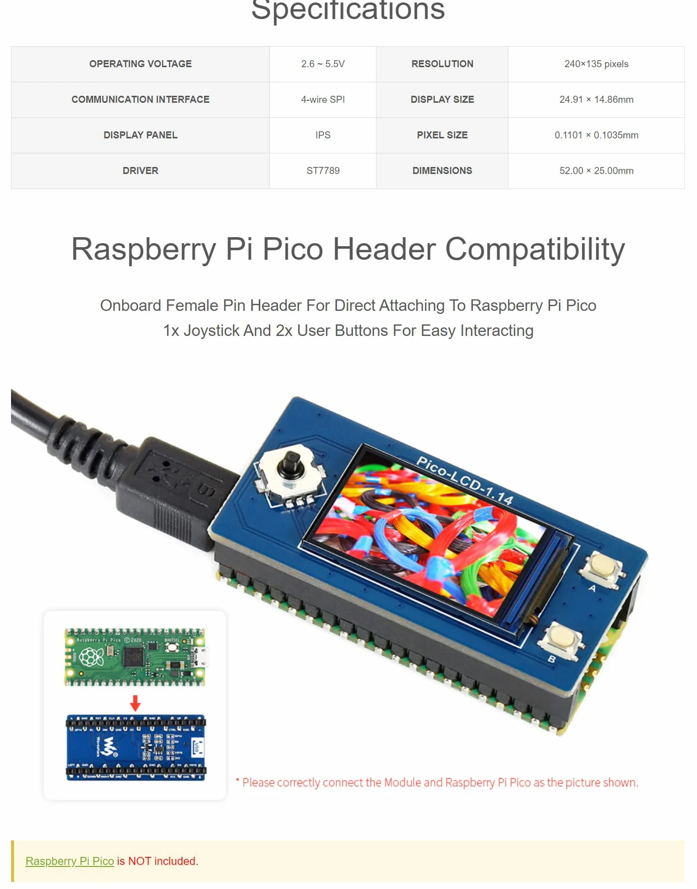 Waveshare 1.14inch LCD Display Module For Raspberry Pi Pico 65K RGB Colors 240×135 Pixels with SPI Interface Embedded ST7789 Driver Using SPI Bus IPS Screen