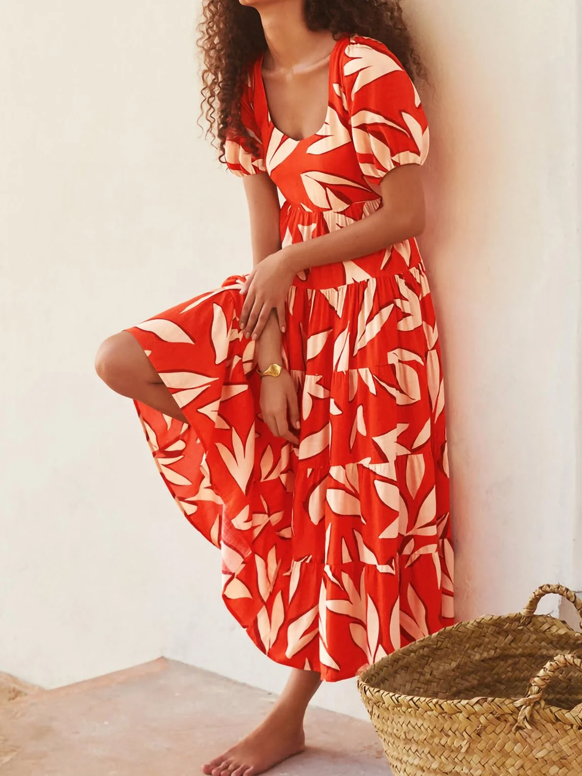 PRETTYGARDEN Short Sleeve Floral Maxi Dresses for Women 2025 Wedding Guest Summer Dress Flowy Beach Vacation Outfits (Orange White Flower,Large)
