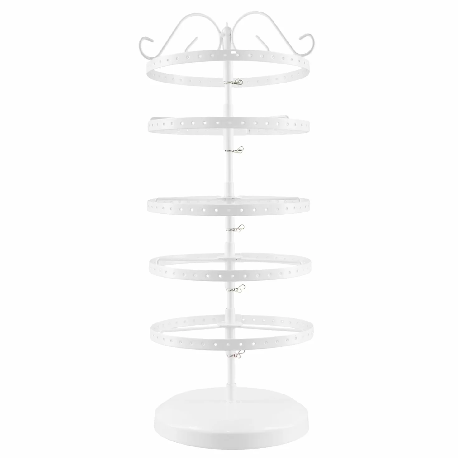 QWORK® 5-poziomowy metalowy obrotowy uchwyt na kolczyki, biały stojak do biżuterii z regulowanymi odstępami między poziomem - pojemność na 210 dziurek dla 105 par