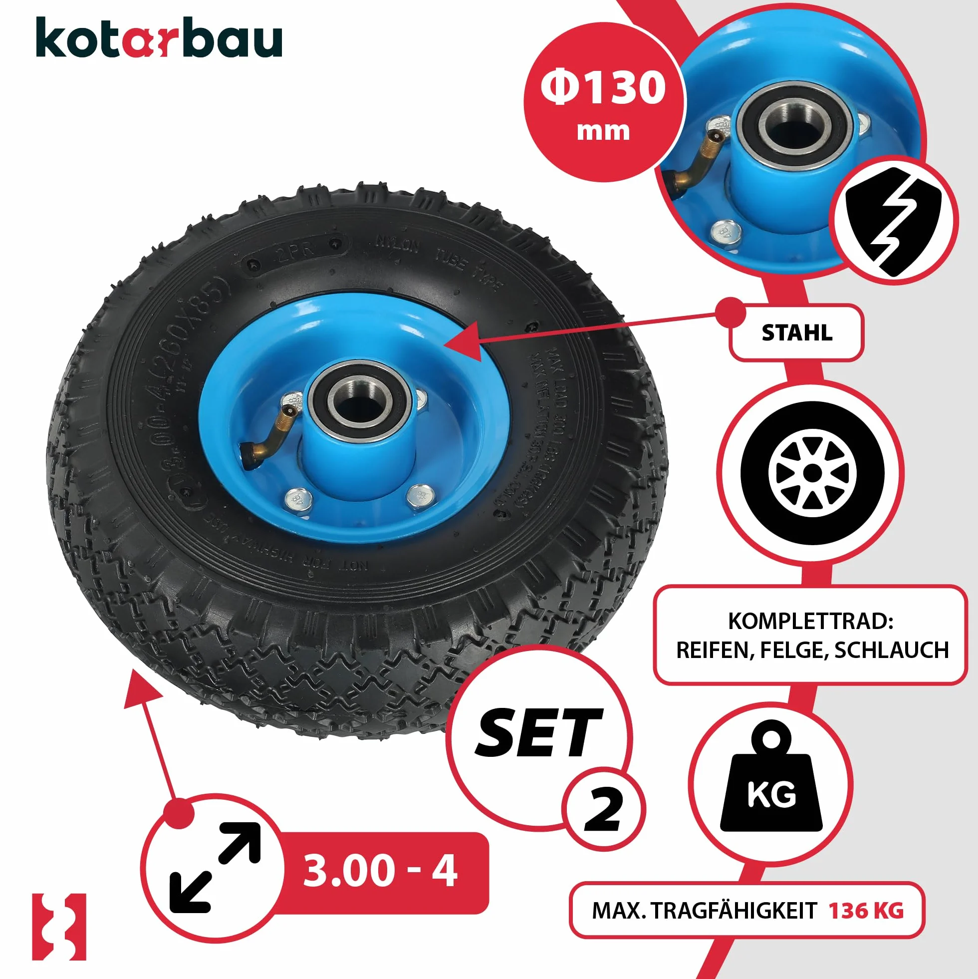 KOTARBAU® Zestaw 2 kół do wózka transportowego, koła do wózka transportowego z pełnymi oponami gumowymi 260 x 85 mm 3.00-4, wzmocnione, 4PR, koła kompletne, opony do wózka transportowego, koła