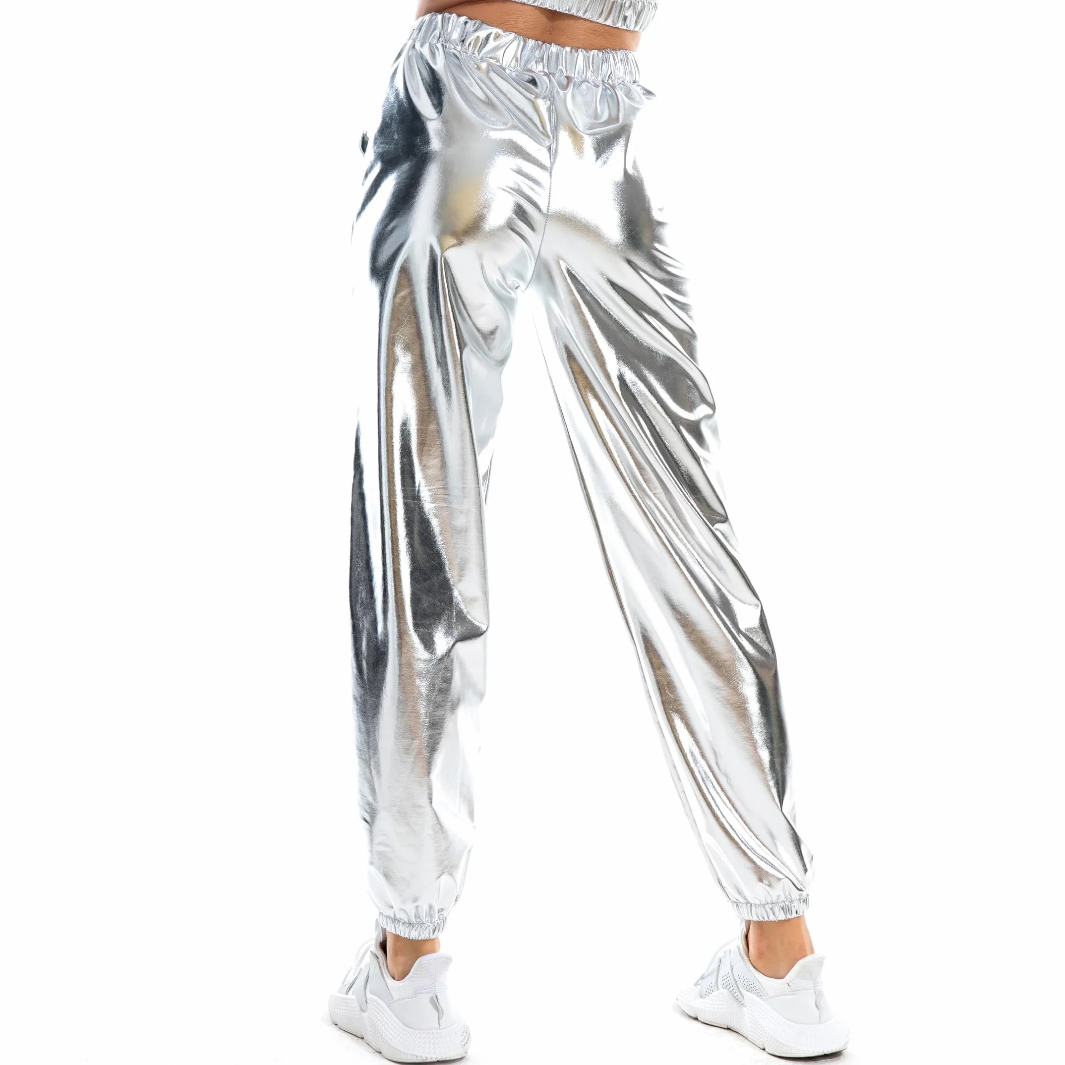NewL Damskie metaliczne błyszczące joggery na co dzień holograficzne kolorowe spodnie streetwear hip-hop moda gładkie elastyczne spodnie