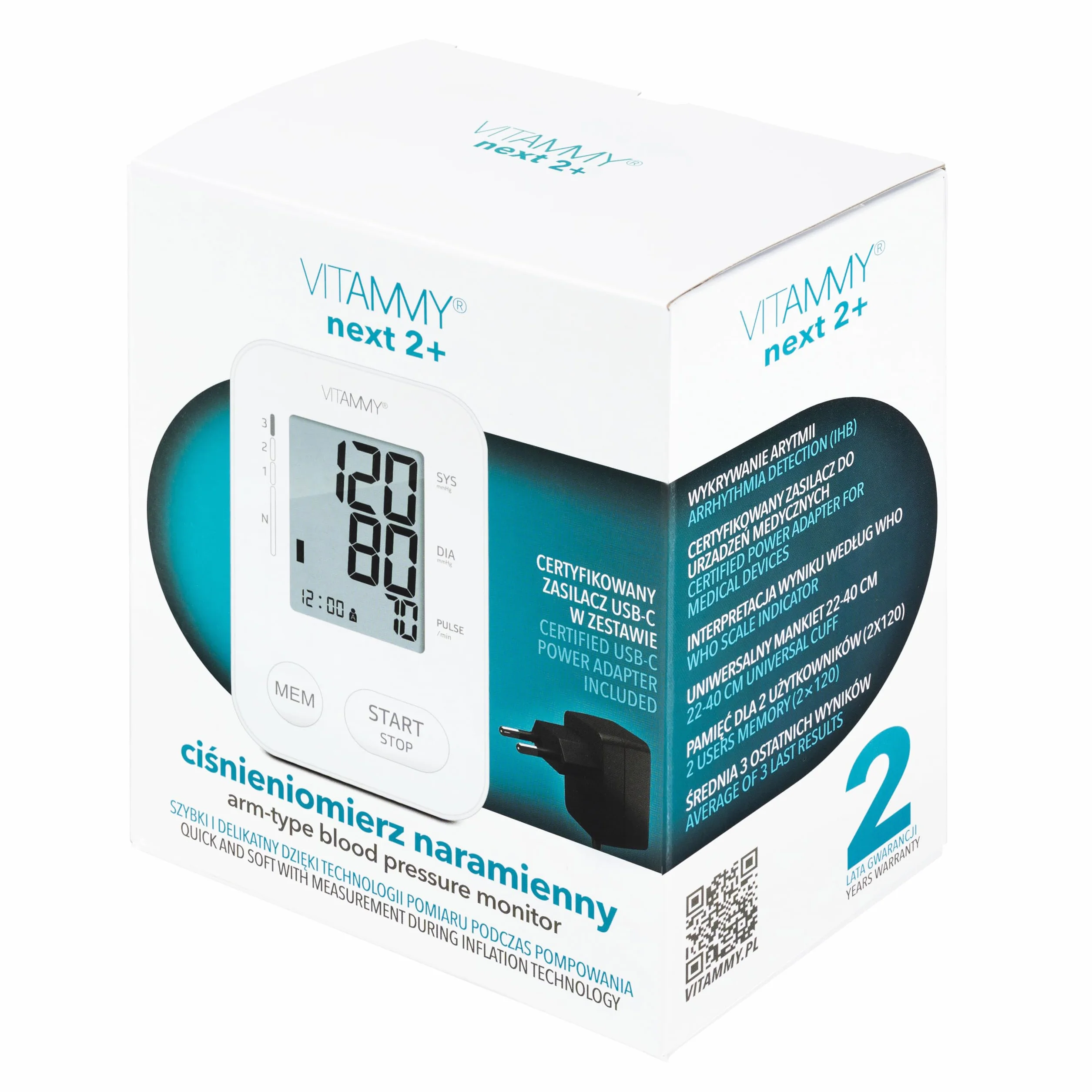 VITAMMY NEXT 2+ Ciśnieniomierz naramienny zasilacz w zestawie, wykrywanie arytmii