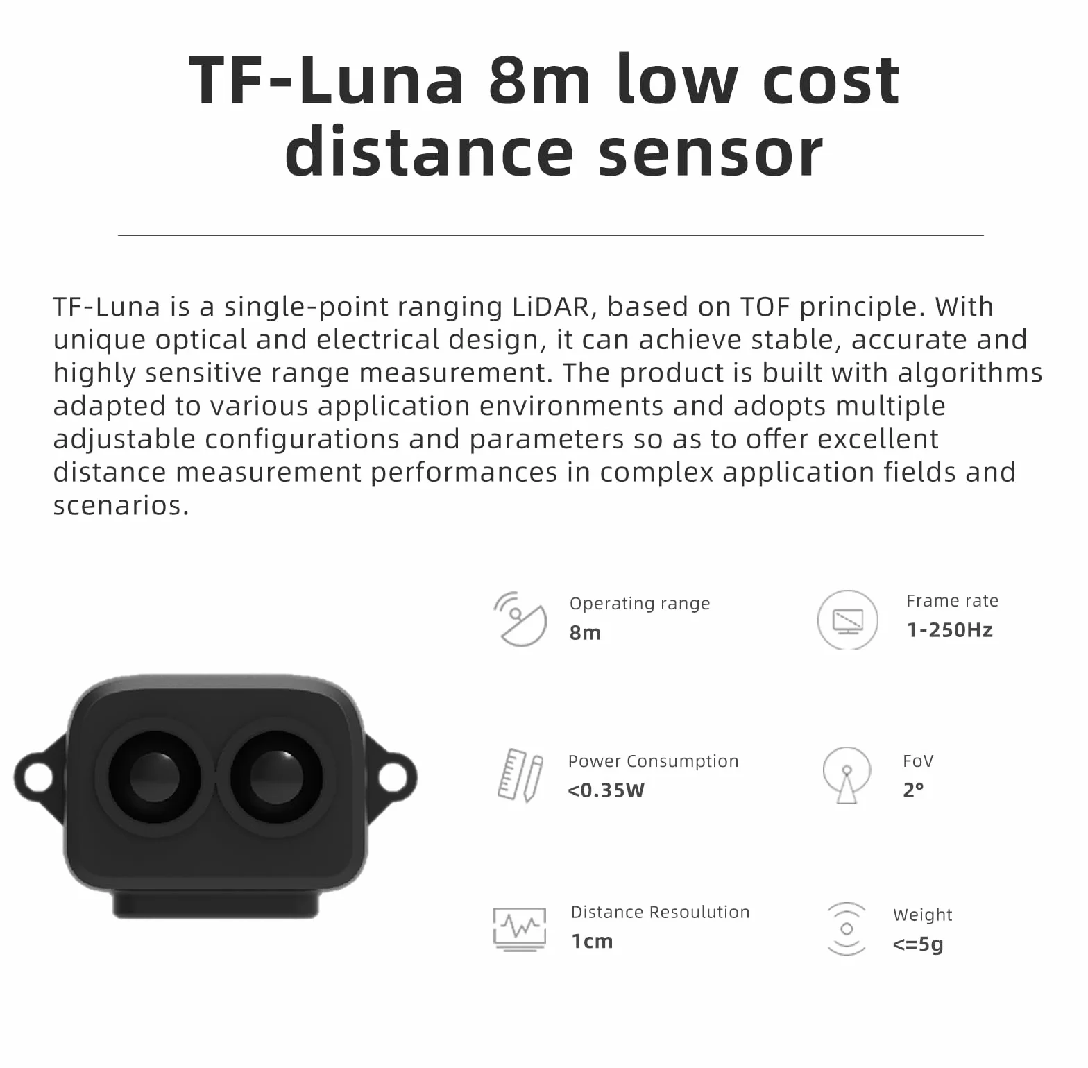 youyeetoo TF-Luna Moduł Sensora Lidar Jednopunktowego Pomiaru Zasięgu 0,2-8m, do Dronów, Czujników Przemysłowych, Robotów, Inteligentnego Domu, Obsługa I/O, UART i I2C
