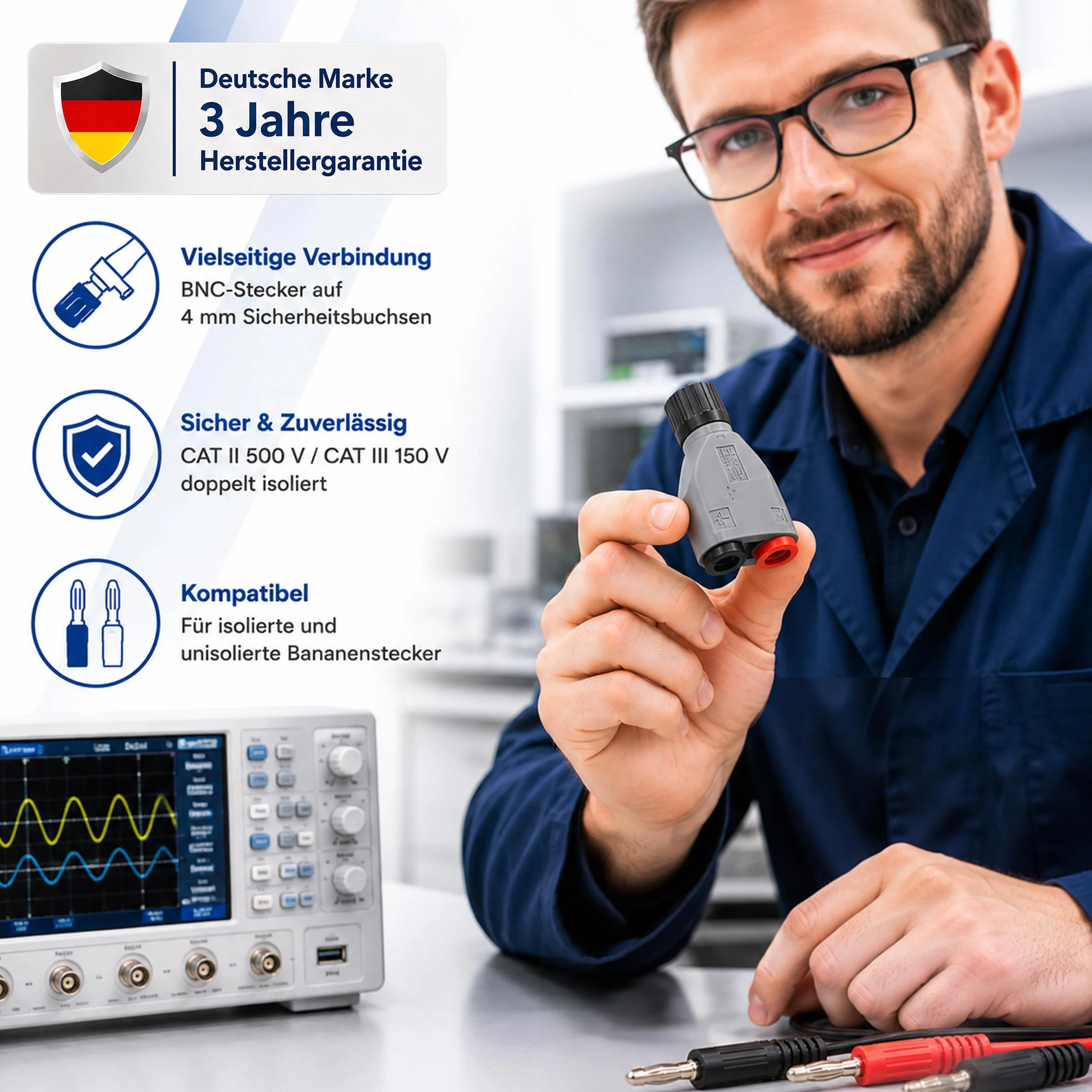 PeakTech P 7055 BNC adapter wtyczka bananowa gniazda, akcesoria do oscyloskopu, generatora sygnału, licznika częstotliwości i szczypiec prądowych z przewodem pomiarowym 4 mm, w pełni izolowany