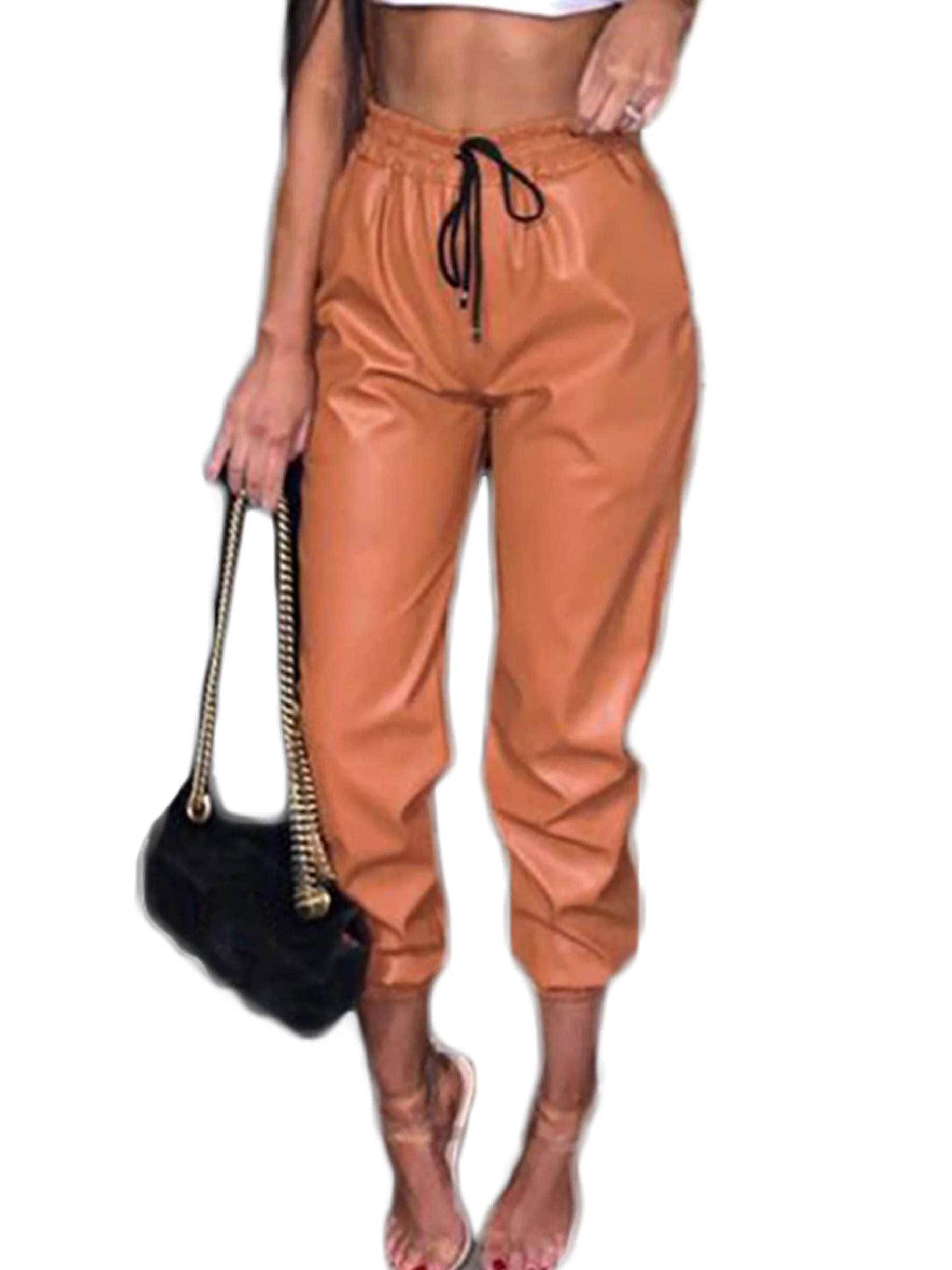 Damskie legginsy ze sztucznej skóry wyglądające na mokre, sznurek, przycięte, zwężane spodnie ze sztucznej skóry z wysokim stanem, seksowne legginsy (brązowy L)