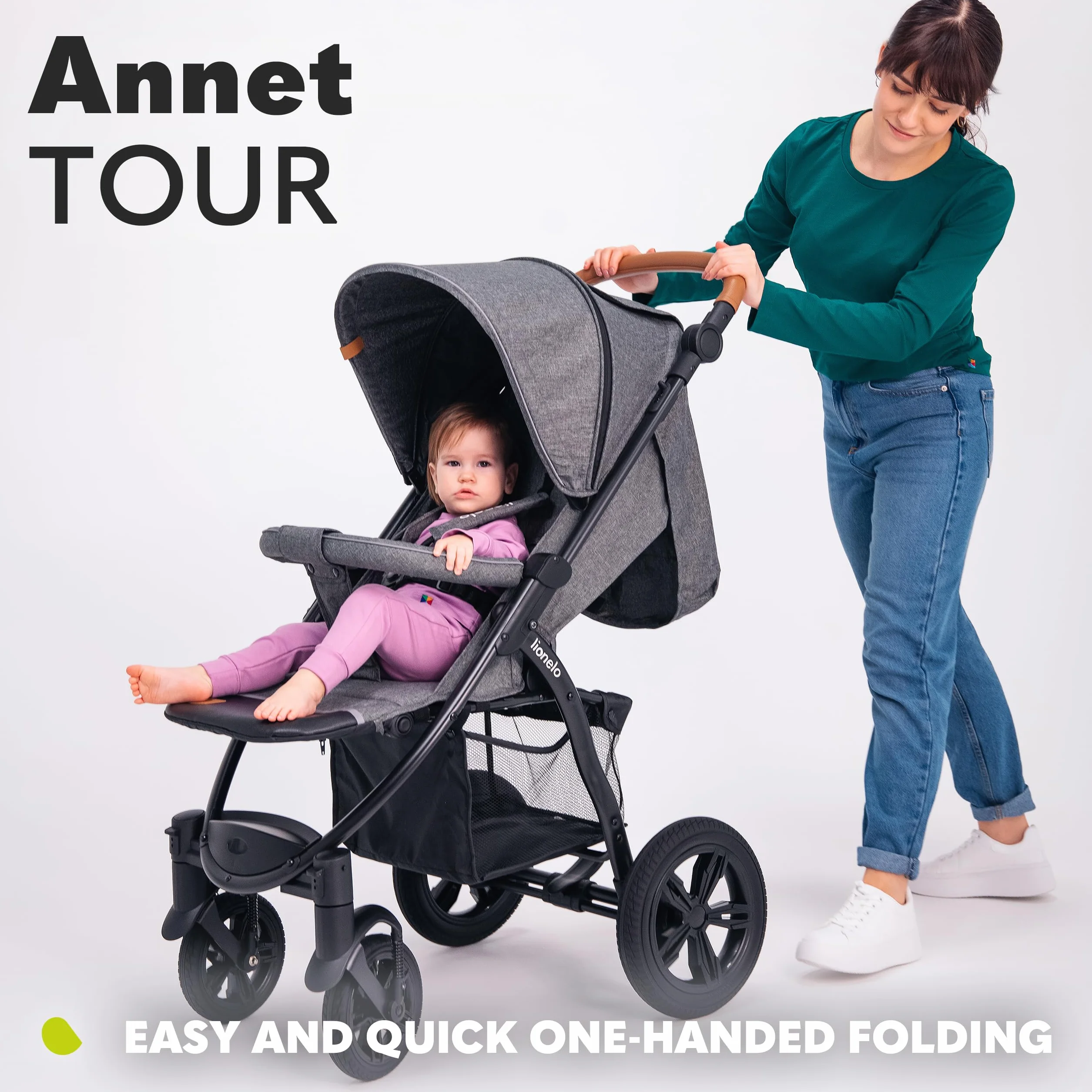 LIONELO Annet Tour Wózek Spacerowy do 22 kg, Regulacja Uchwytu, Regulacja Oparcia do Pozycji Leżącej, Bezobsługowe Duże Koła, Wodoodporna Budka XXL, 5-punktowe pasy, Kosz Zakupowy (Czarny)
