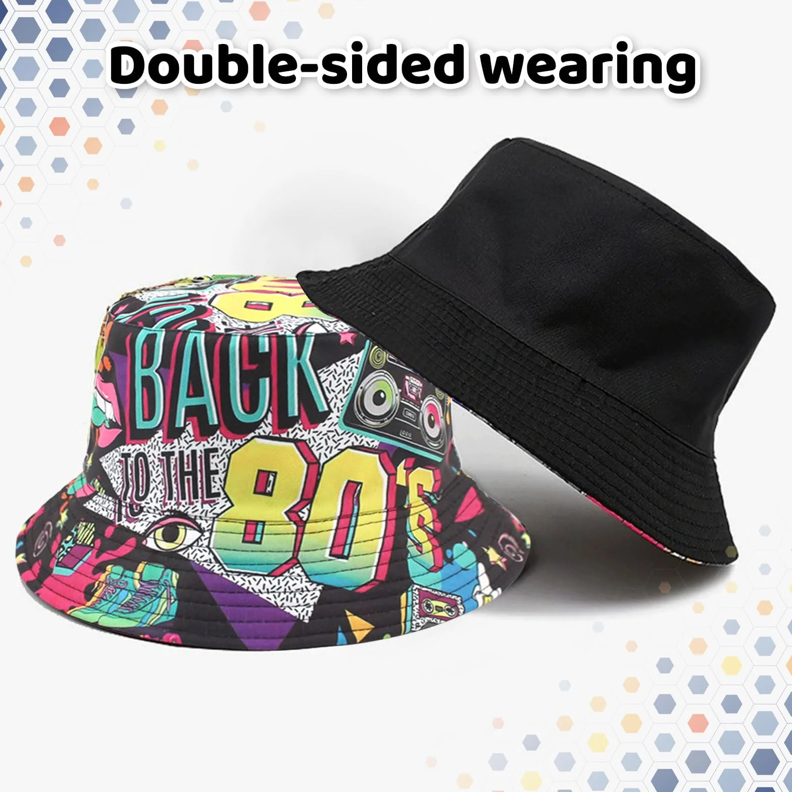 BelleVive Kapelusz typu bucket retro lata 80. 90. modny unisex dwustronny kapelusz rybacki dwustronny kapelusz przeciwsłoneczny pakowalna czapka przeciwsłoneczna lata 90. 80. akcesoria dla kobiet