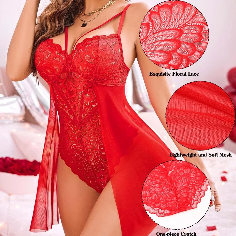 Feng Shui Damskie seksowne body Teddy komplet bielizny przepuszczalność kwiecista miękka koronkowa koszulka siateczkowa przezroczysta babydoll koszula nocna głębokie V peniuary niegrzeczna sukienka