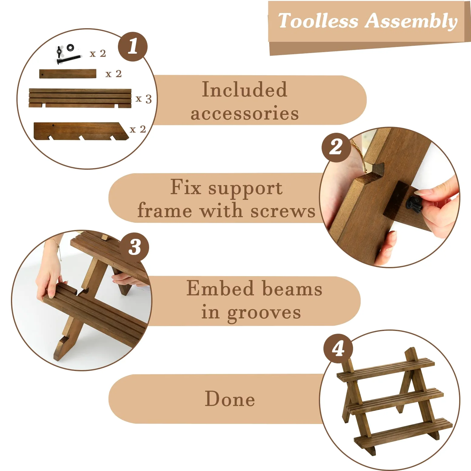 Emibele 3-Tier Wooden Earring & Ring Holder Organizer, Cascading Showcase Jewelry Stand, Brown