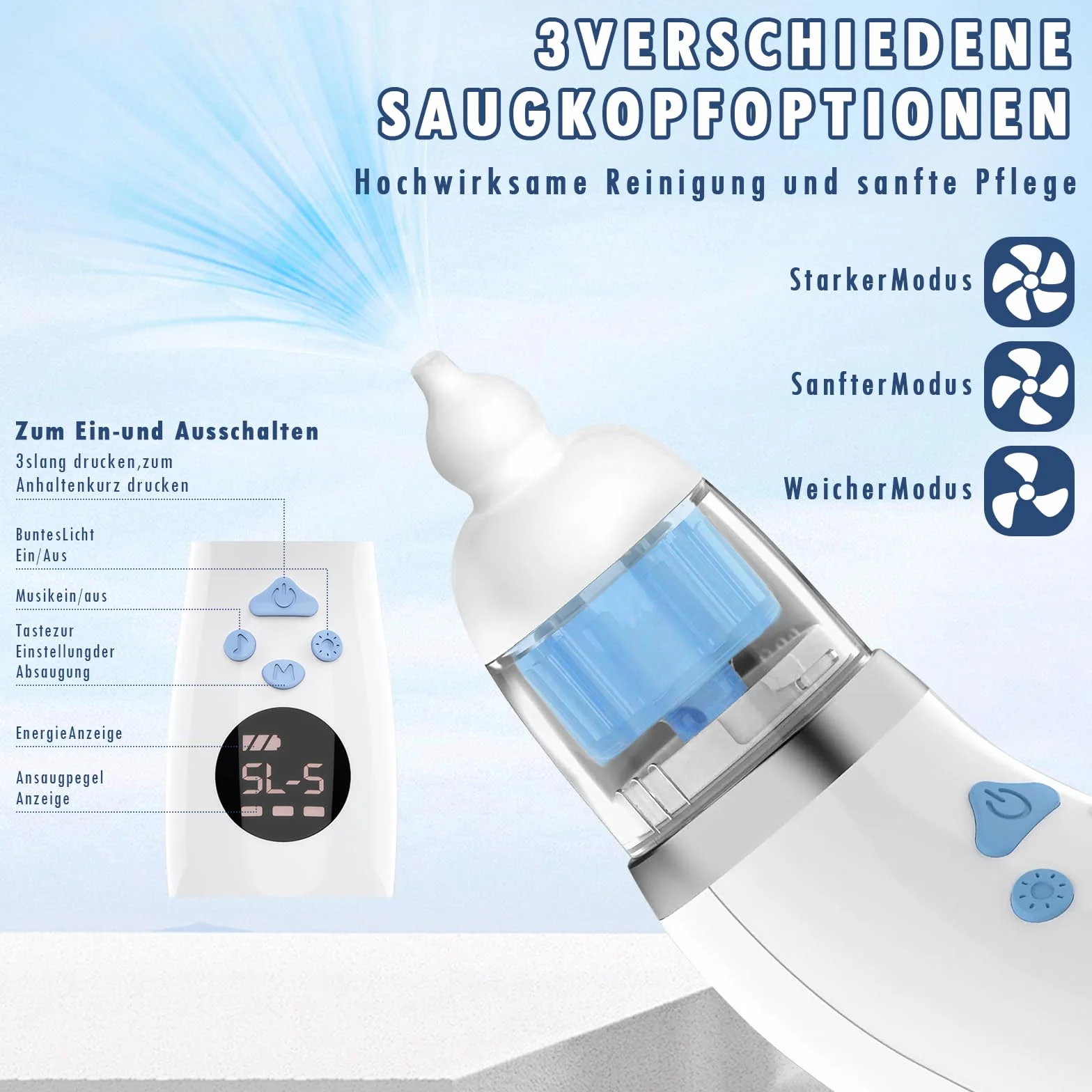 Elektryczny aspirator do nosa dla niemowląt, z 5-stopniową siłą ssania i 3 wymiennymi końcówkami silikonowymi, zintegrowana muzyka, uspokajające światło i wyświetlacz LCD
