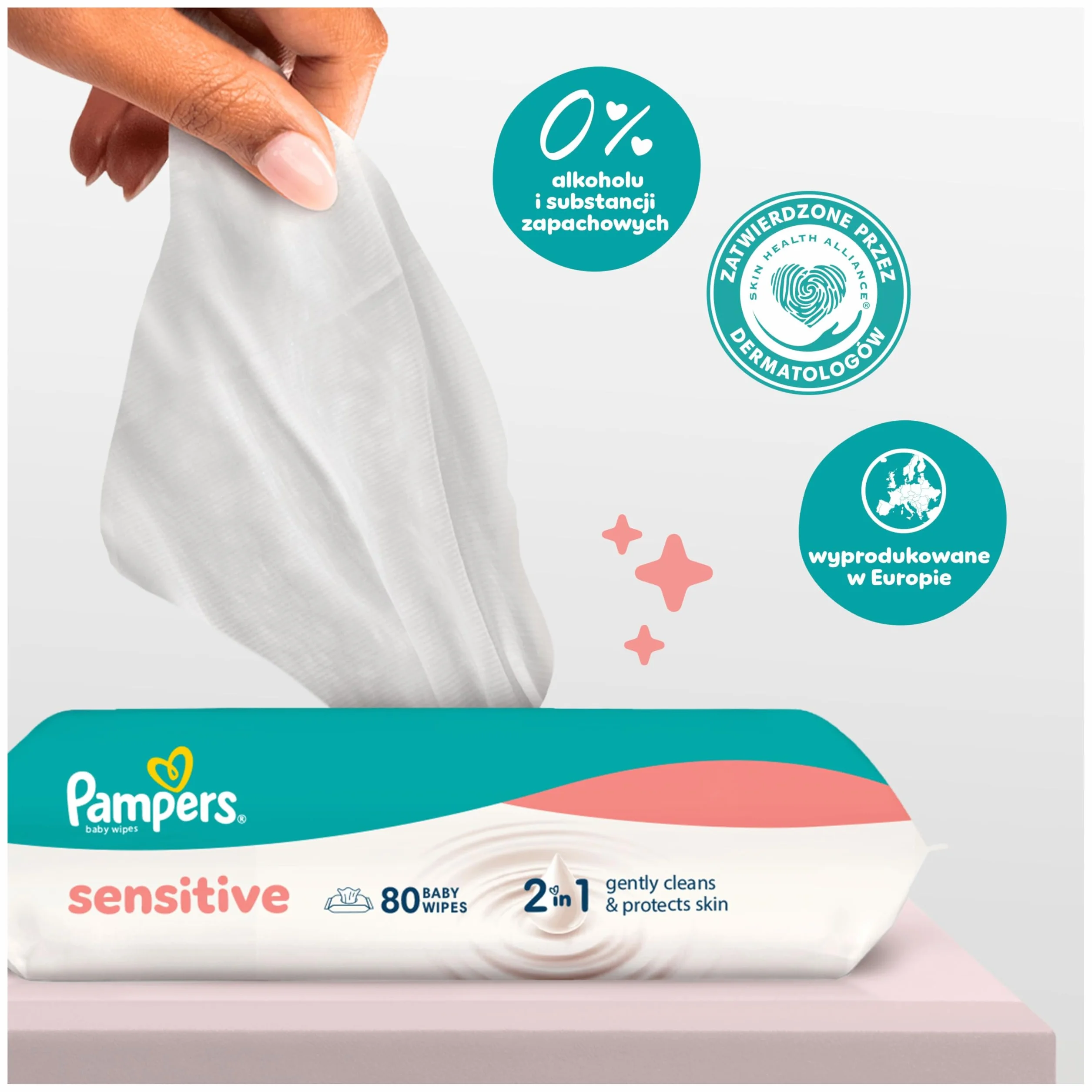 Pampers Sensitive Chusteczki nawilżane dla dzieci, 6 opakowania po 80 chusteczek = 480 chusteczek, bezzapachowe, do delikatnego oczyszczania