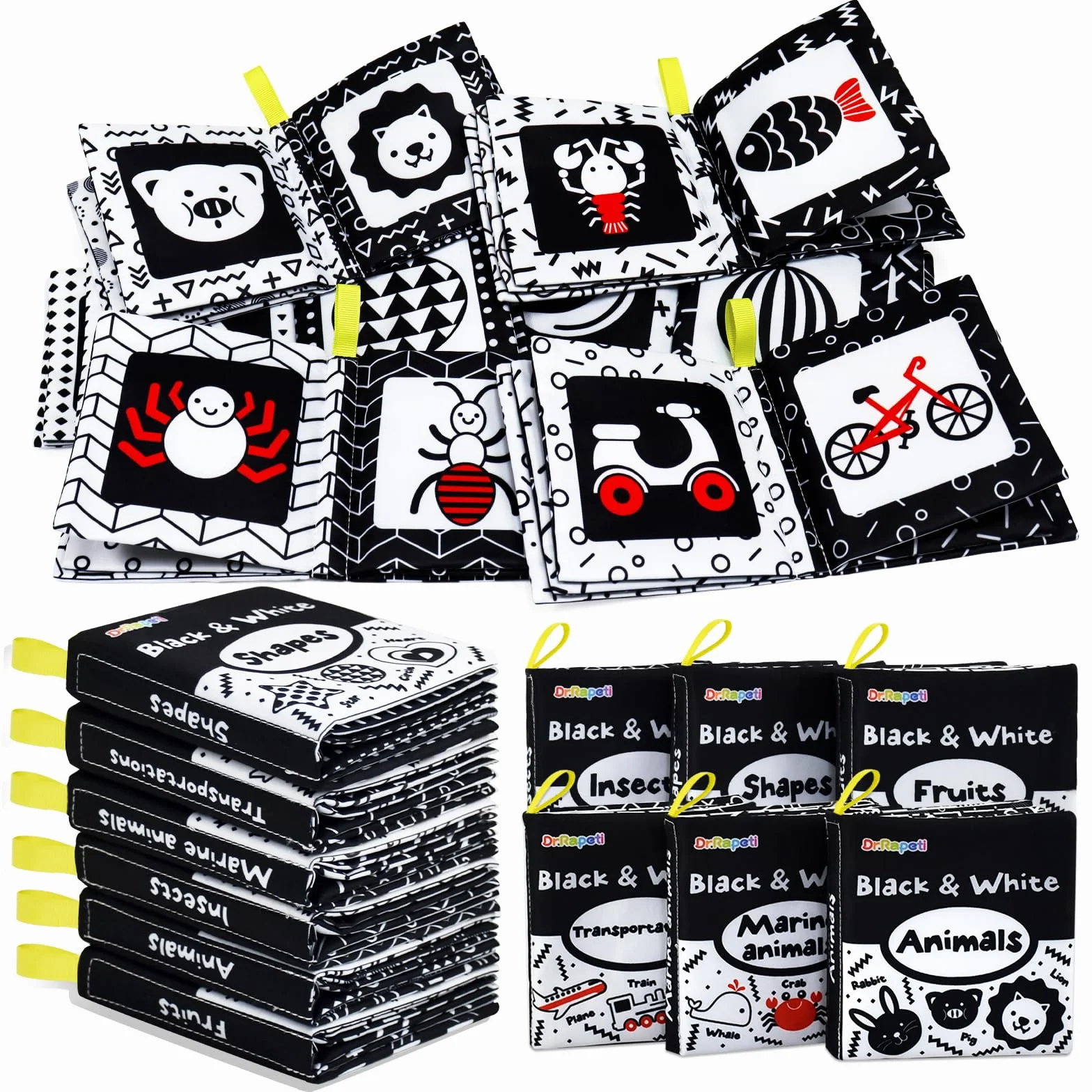 Dr.Rapeti 6 Pack Soft Books, Baby Soft Cloth Book, Sensory Book, Bath Book, Crinkle Soft Book, Black and White High Sensory Book, Washable Nontoxic Educational Learning Toy