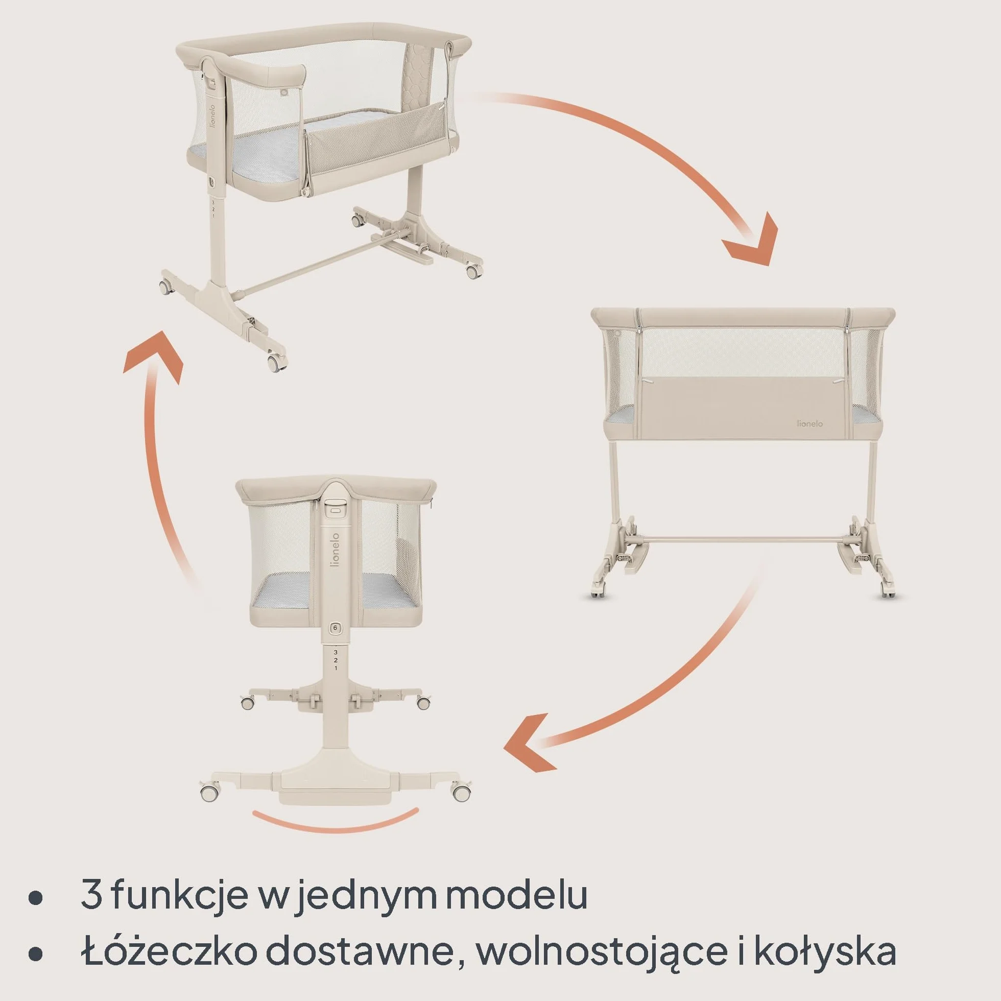 lionelo PARI łóżeczko nocne, łóżeczko dziecięce, 3 w 1, regulowane łóżeczko nocne, 6 poziomów, kołysanie, pochylany materac, siatka, zamykane kółka, torba podróżna