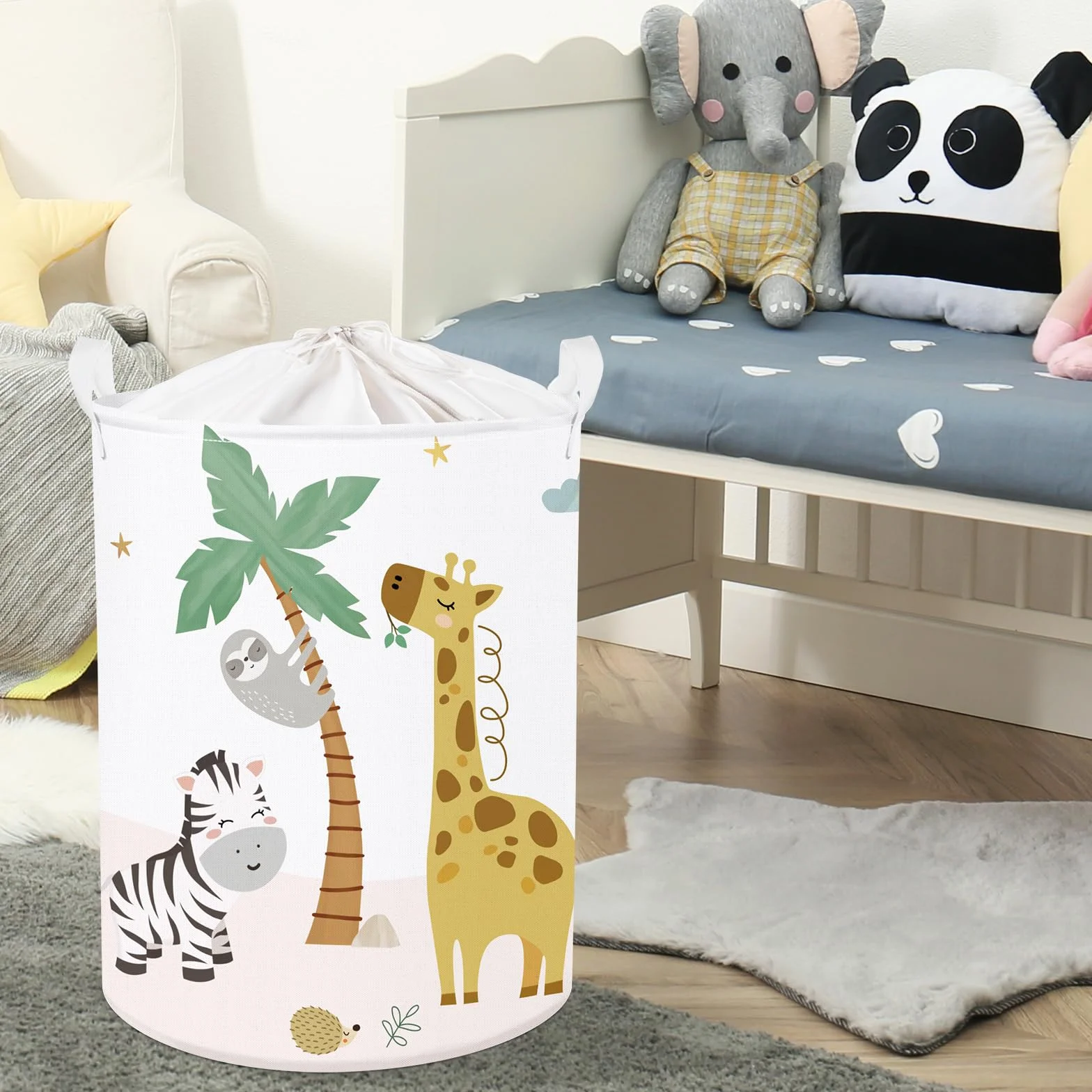 Clastyle 45L Kreskówka Lew Słoń Biały Kosz na Pranie dla Dzieci Fox Rainbow Sun Okrągły Kosz do Przechowywania Ubrań dla Dzieci, 36 × 45 cm